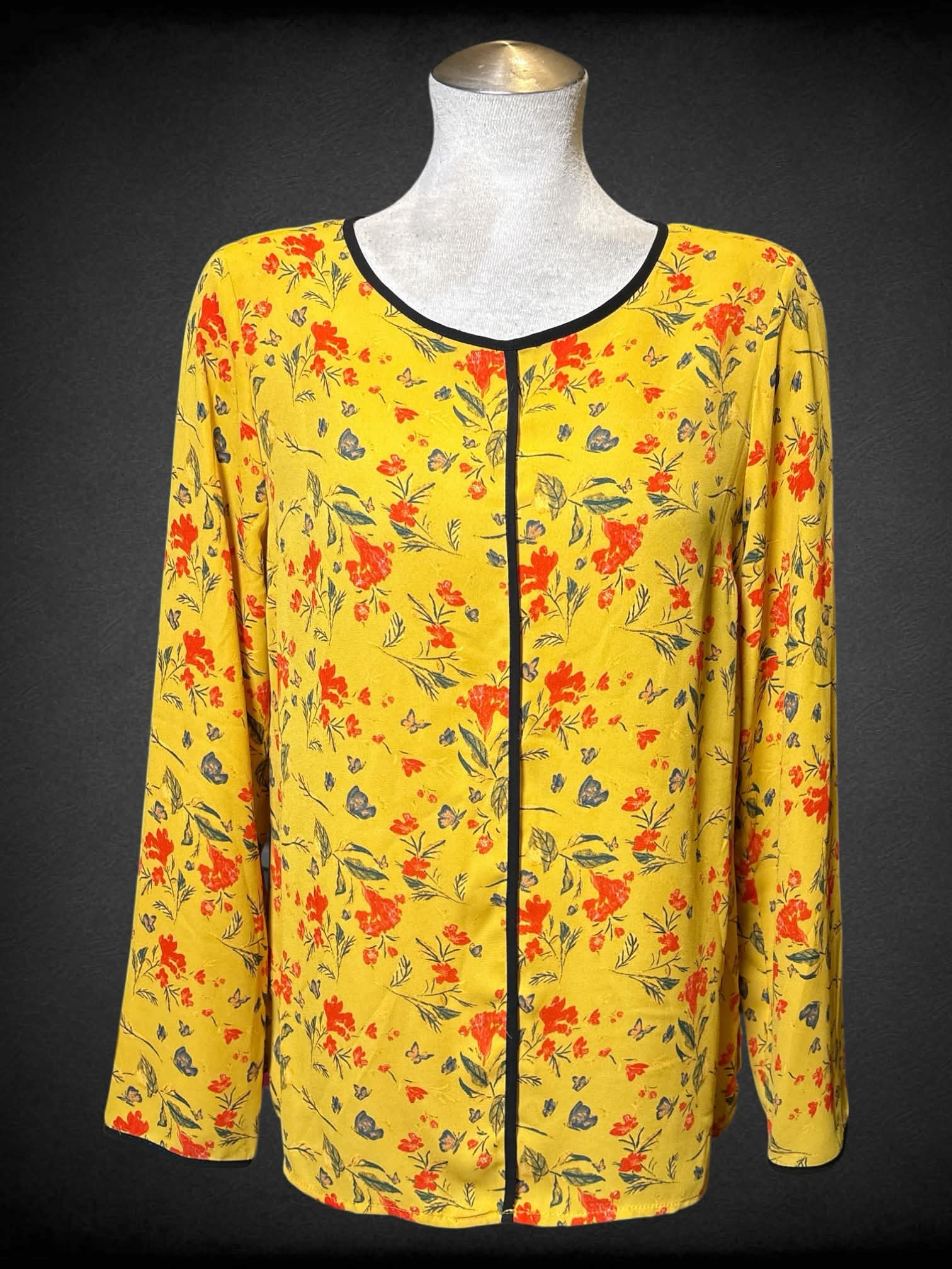 L Primark yellow long sleeve floral top with black trims