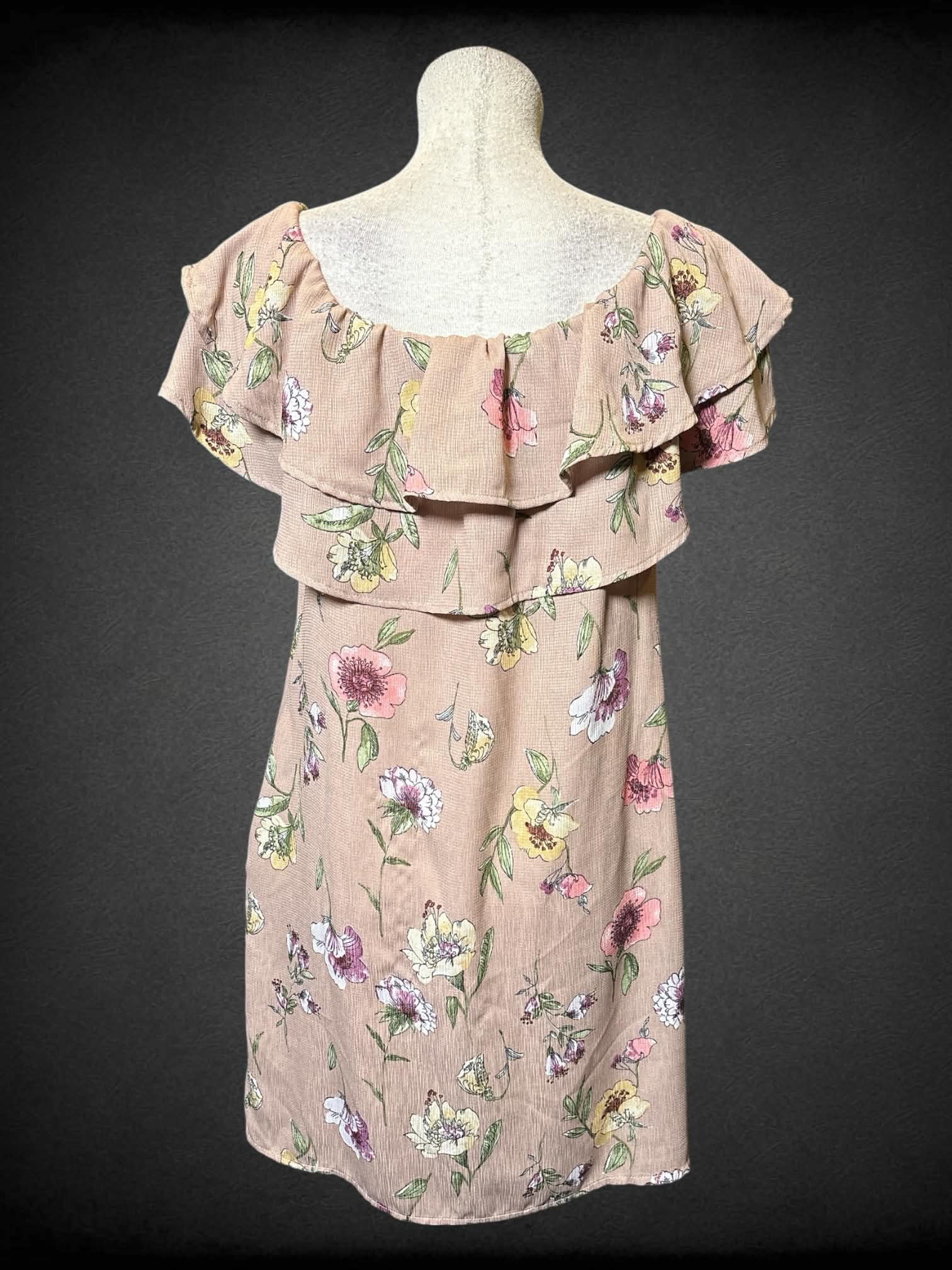 L Altar’d State dusty pink short sleeve dress with off the shoulder layered neckline, and floral design