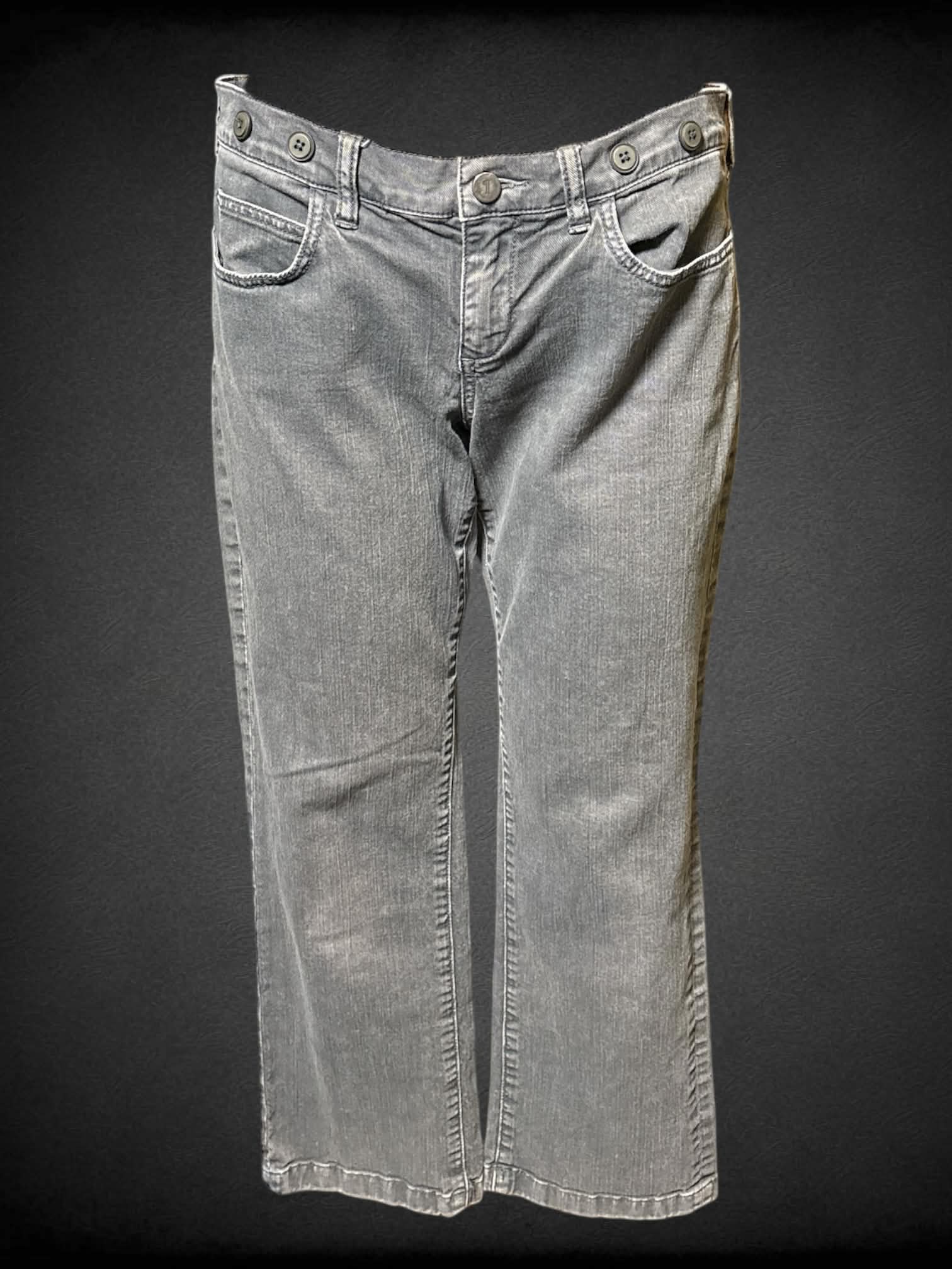 L Pilcro grey pats with decorative buttons, belt loops, and pockets