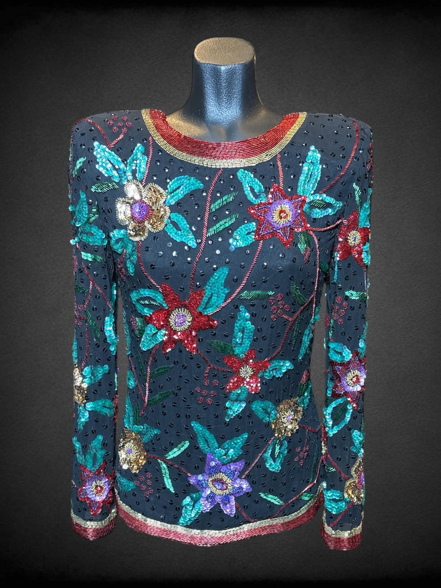 S Nite Line vintage black long sleeve beaded top with zipper on back, and floral design