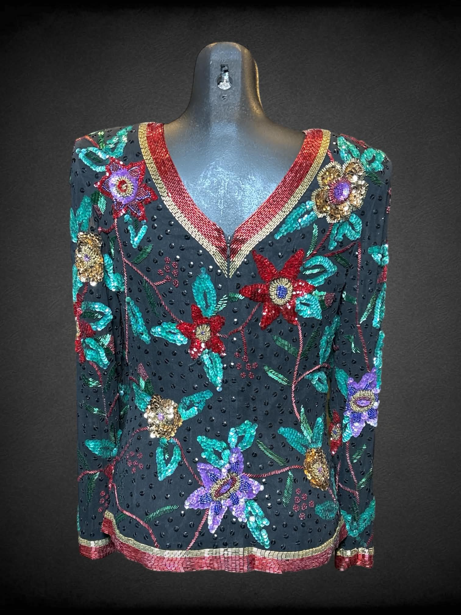 S Nite Line vintage black long sleeve beaded top with zipper on back, and floral design