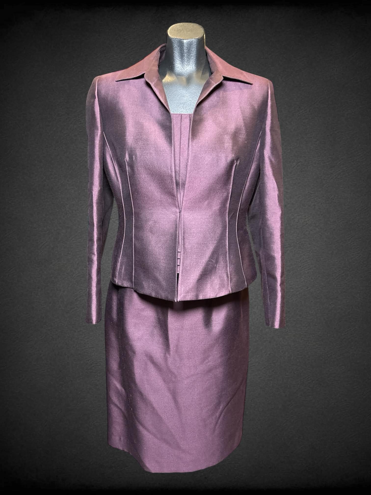 S Albert Nipon vintage purple 3 piece set of top, skirt, & jacket with pleated design on top, and zipper on top & skirt
