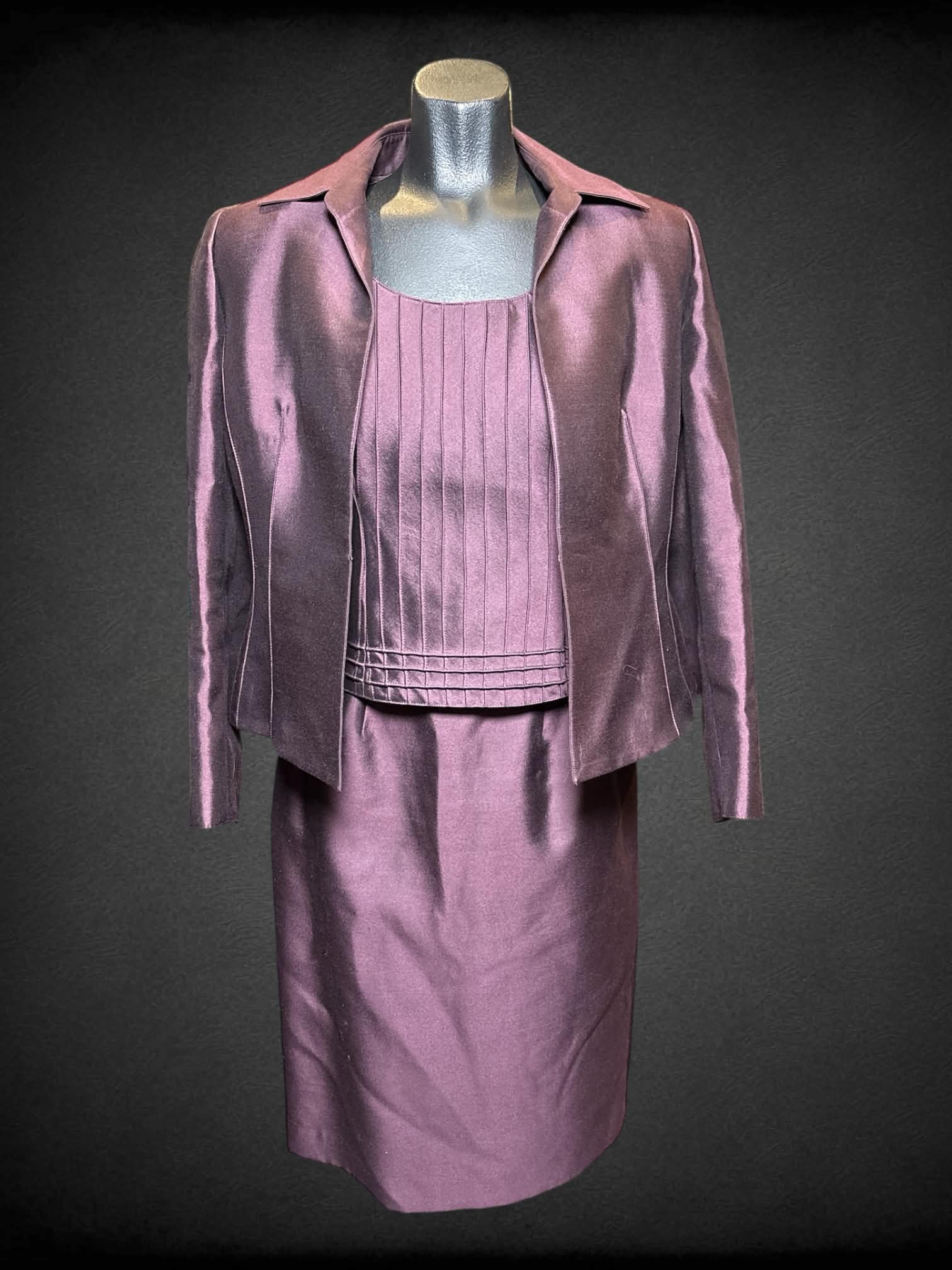 S Albert Nipon vintage purple 3 piece set of top, skirt, & jacket with pleated design on top, and zipper on top & skirt