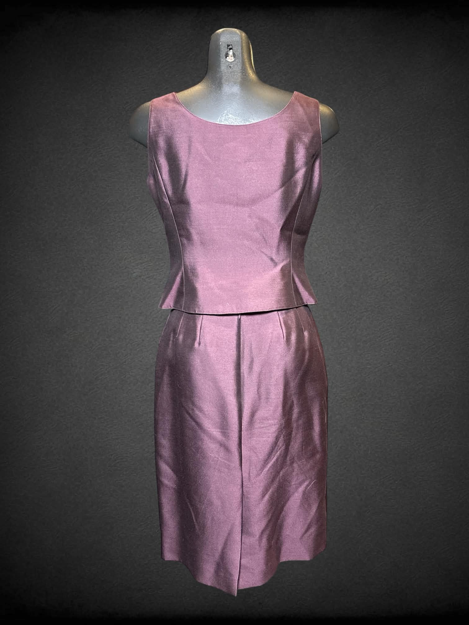 S Albert Nipon vintage purple 3 piece set of top, skirt, & jacket with pleated design on top, and zipper on top & skirt