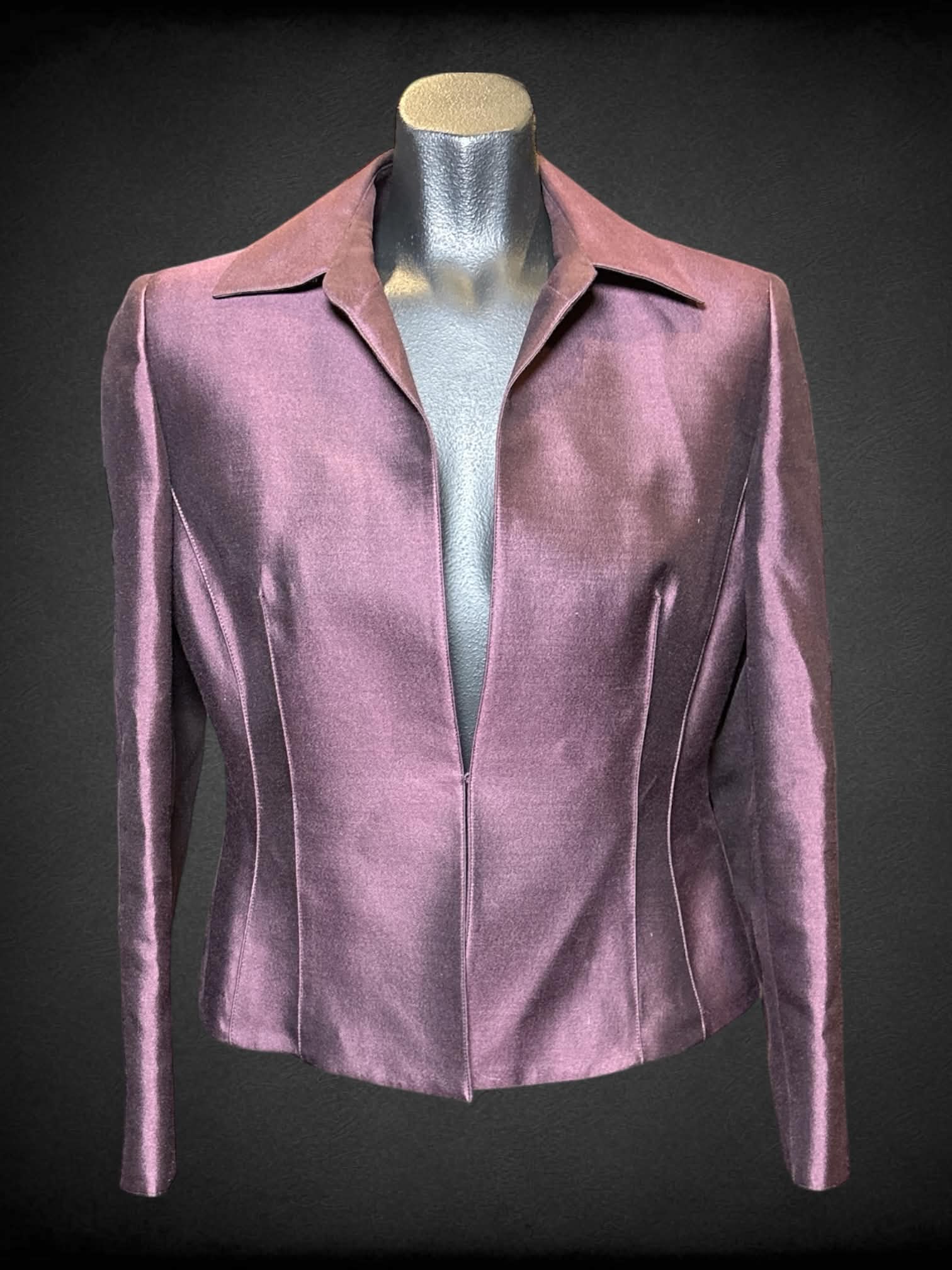 S Albert Nipon vintage purple 3 piece set of top, skirt, & jacket with pleated design on top, and zipper on top & skirt