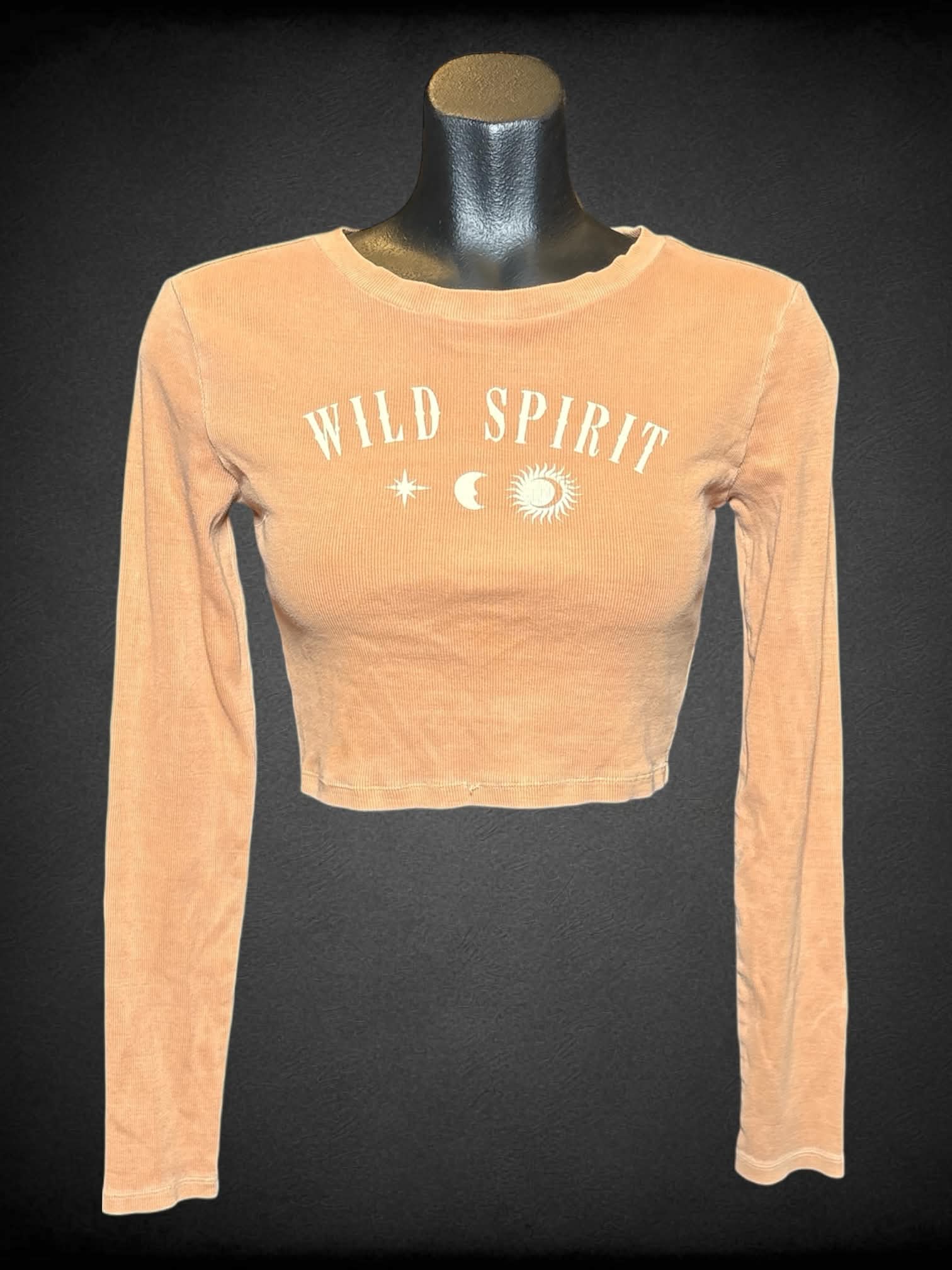 M Forever 21 orange long sleeve crop top with “Wild Child” graphic on front