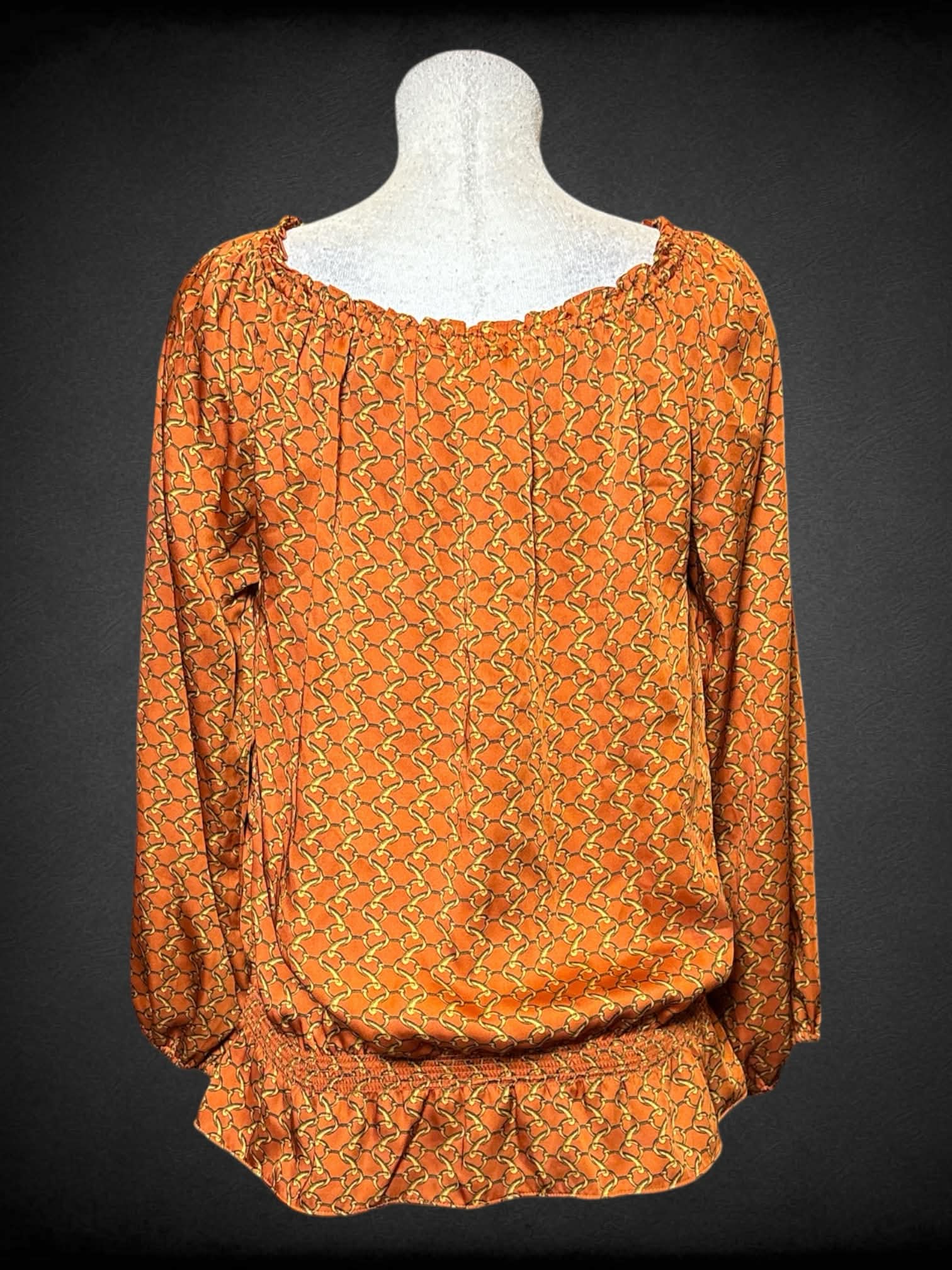 L Michael Kors orange long sleeve top with gold chain design, & elastic hems