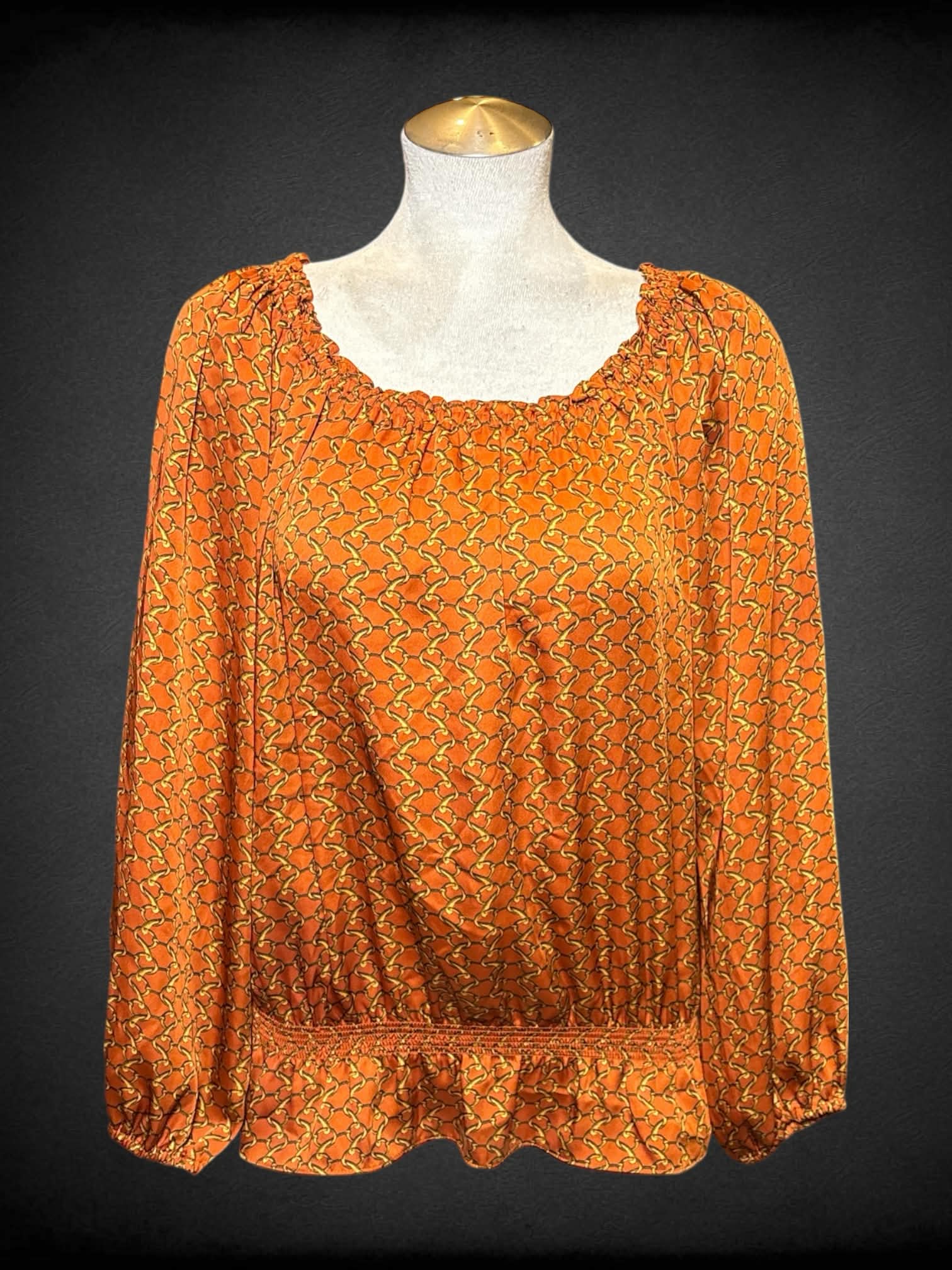 L Michael Kors orange long sleeve top with gold chain design, & elastic hems
