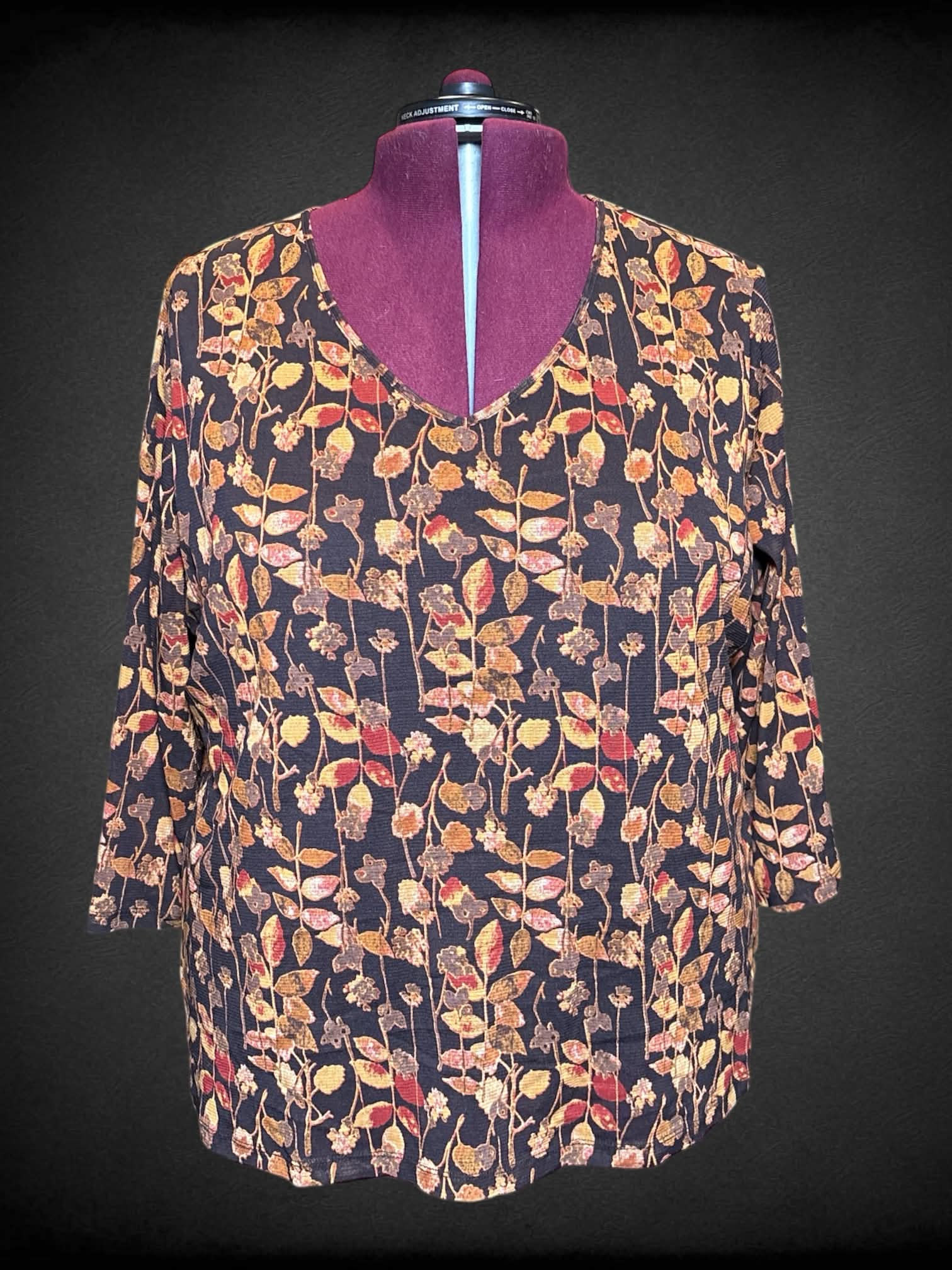 3X Croft & Barrow brown long sleeve top top with gold and red botanical design, & sheer overlay