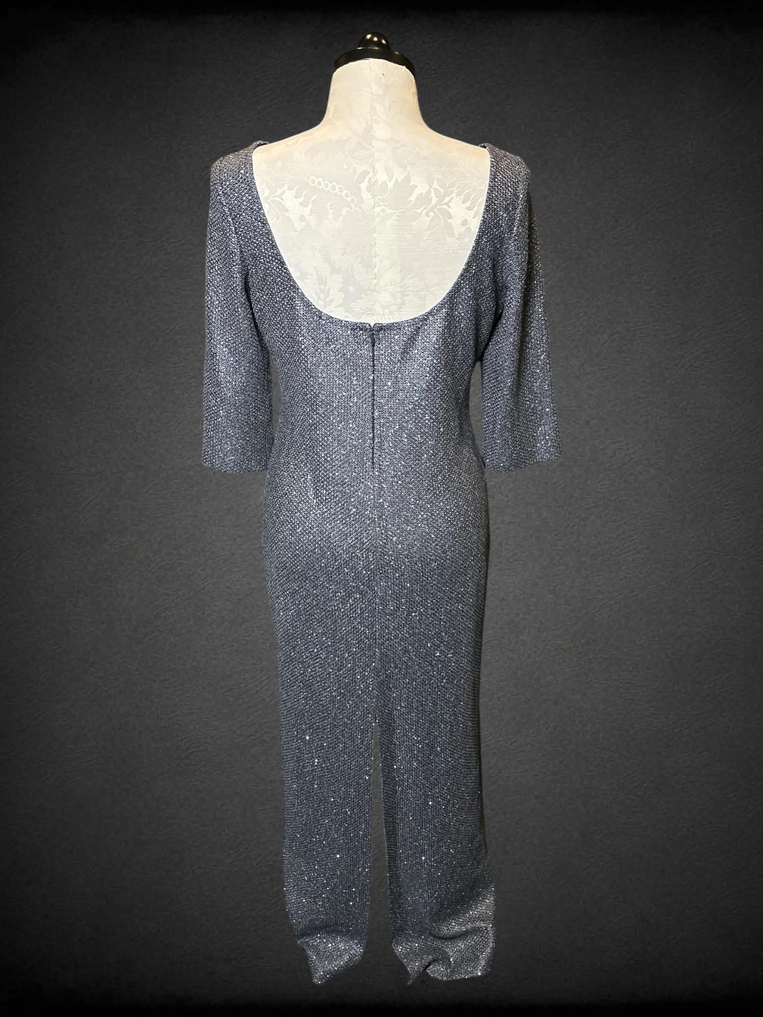 XL NWT St. John navy blue and silver long sleeve dress with low back, zipper on back, and holographic sequins sewn in
