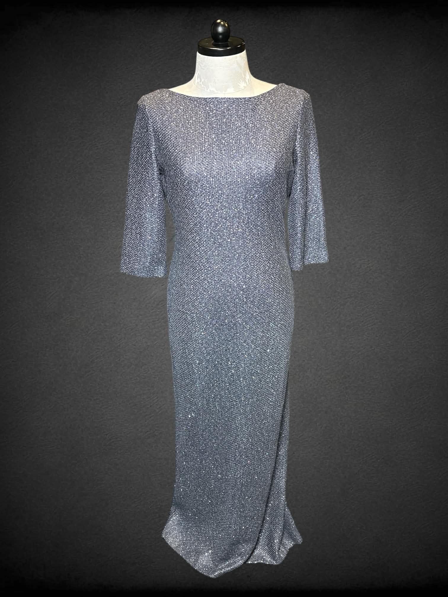 XL NWT St. John navy blue and silver long sleeve dress with low back, zipper on back, and holographic sequins sewn in