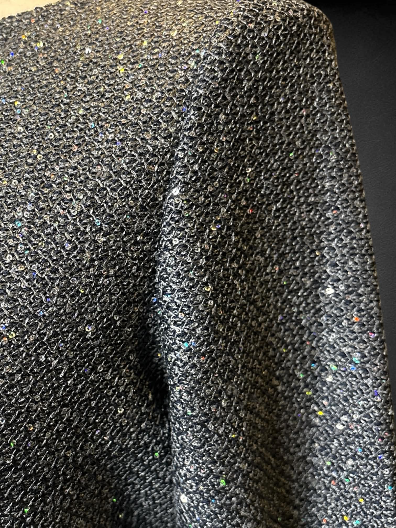 XL NWT St. John navy blue and silver long sleeve dress with low back, zipper on back, and holographic sequins sewn in