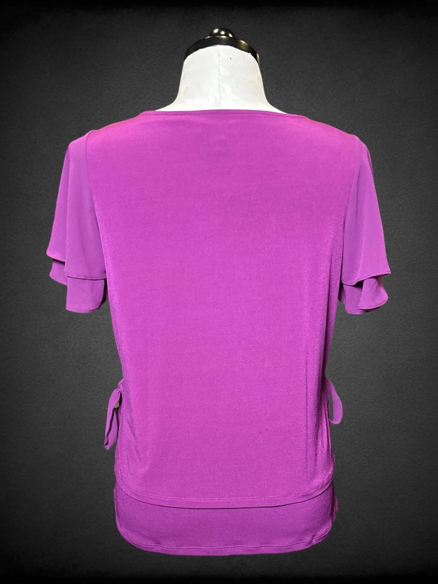 XL Susan Graver purple short sleeve top with ties on sides, & sheer overlay