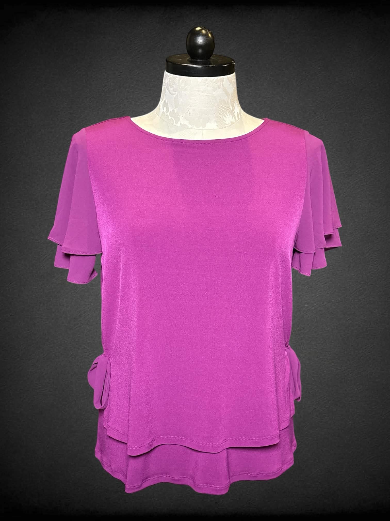 XL Susan Graver purple short sleeve top with ties on sides, & sheer overlay
