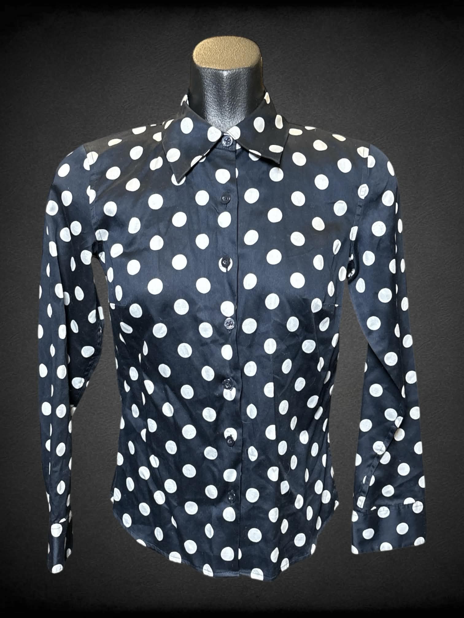 S Talbots black long sleeve button up with white polka dots