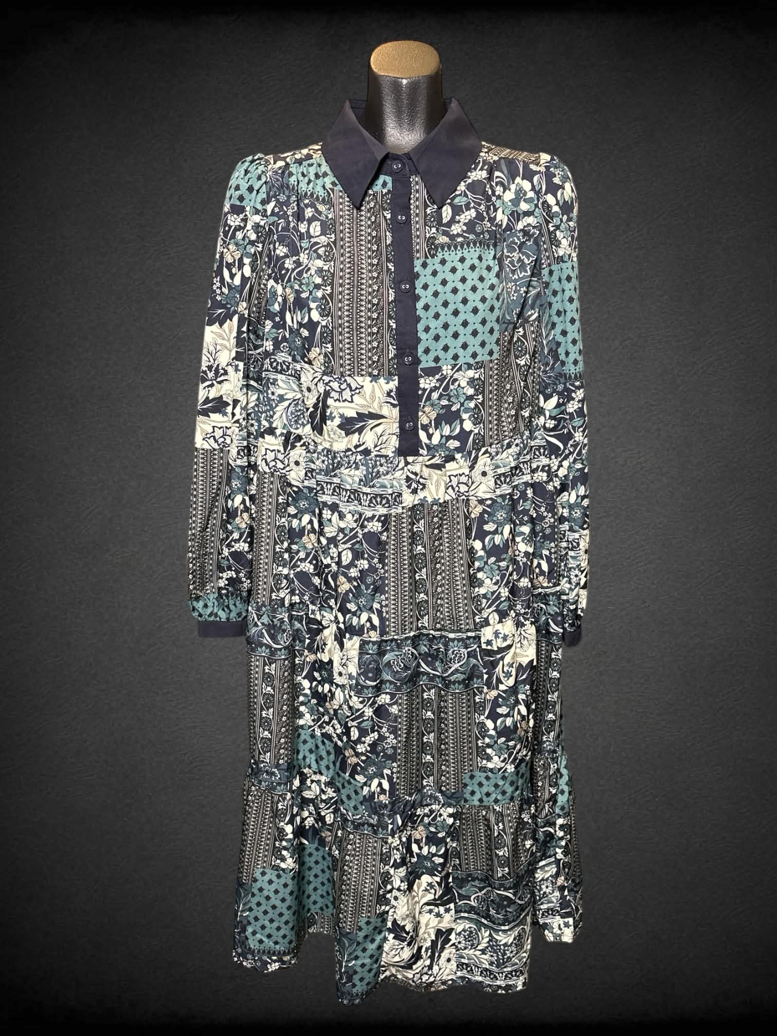 M Umgee navy blue long sleeve multi pattern dress with half buttons on front, collar, & pocket