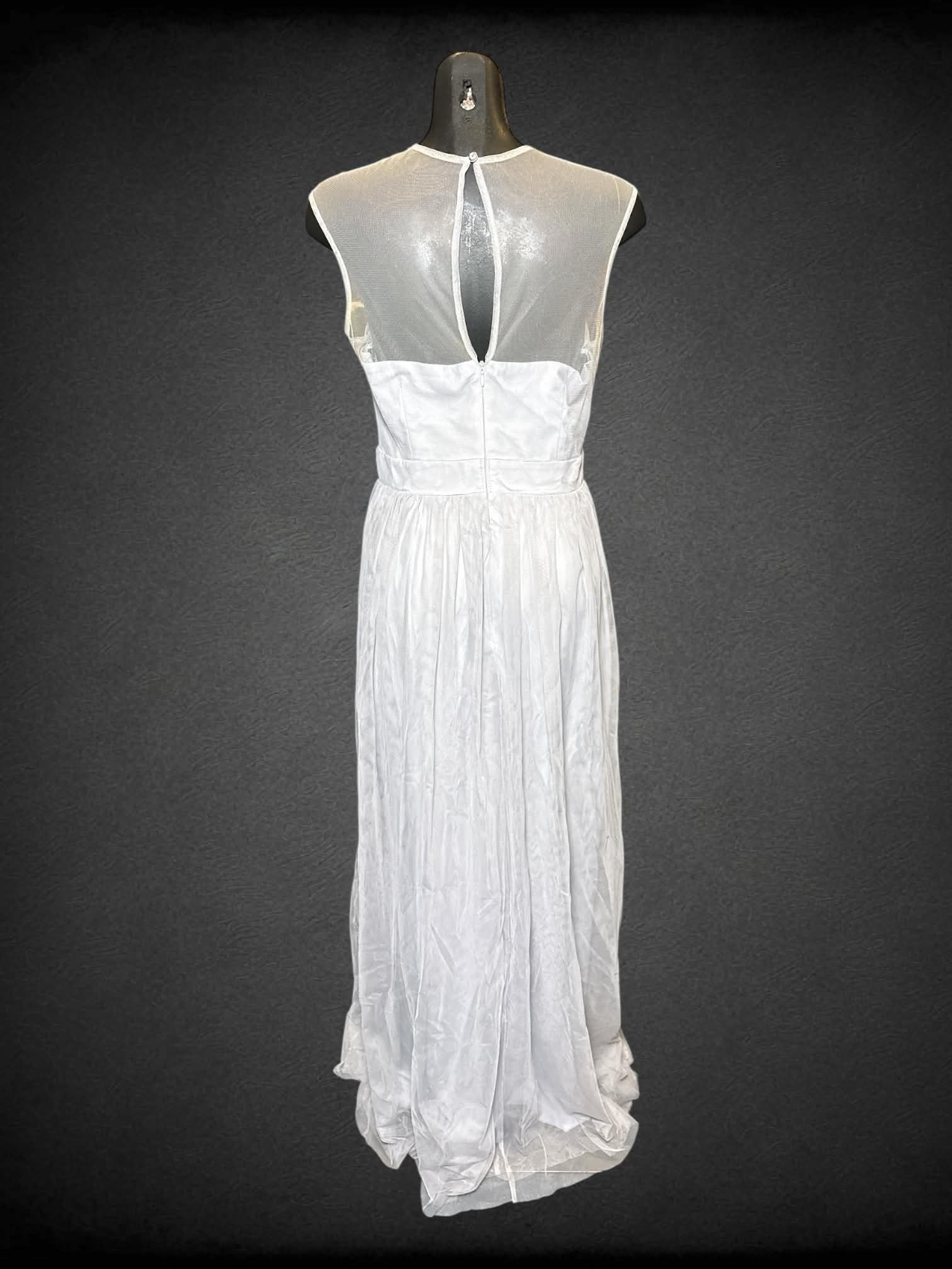 M Little Mistress grey sleeveless dress with mesh beaded overlay, keyhole/bedazzled button on back, and zipper on back