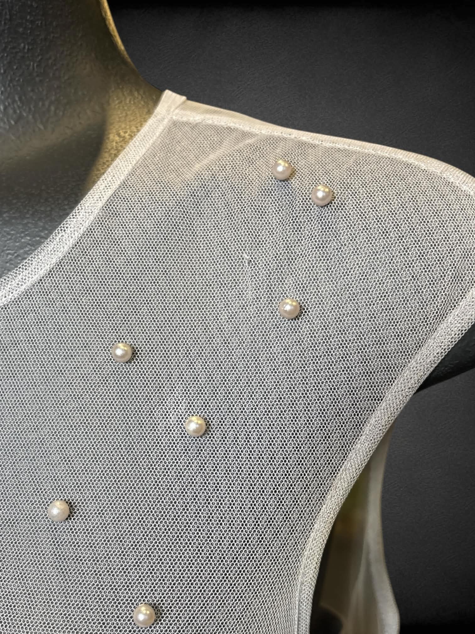 M Little Mistress grey sleeveless dress with mesh beaded overlay, keyhole/bedazzled button on back, and zipper on back