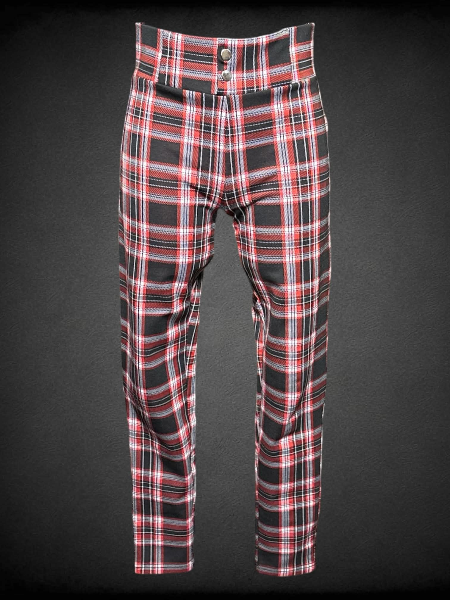 S Derek Heart red, black, and white plaid pants with two snap buttons on front