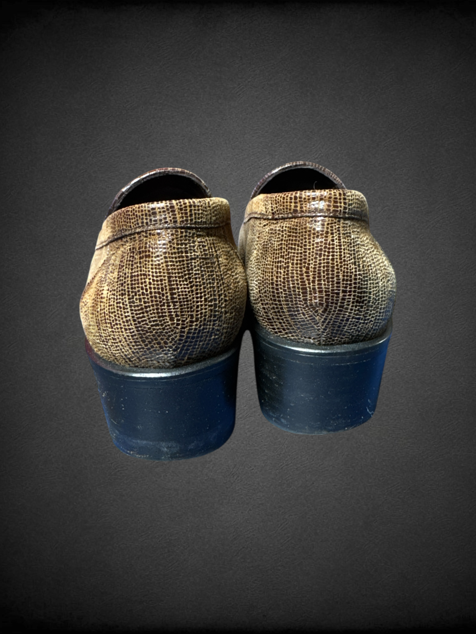 Size 6 Stuart Weitzman brown loafers with croc-embossed leather pattern and beaded tassel embellishments