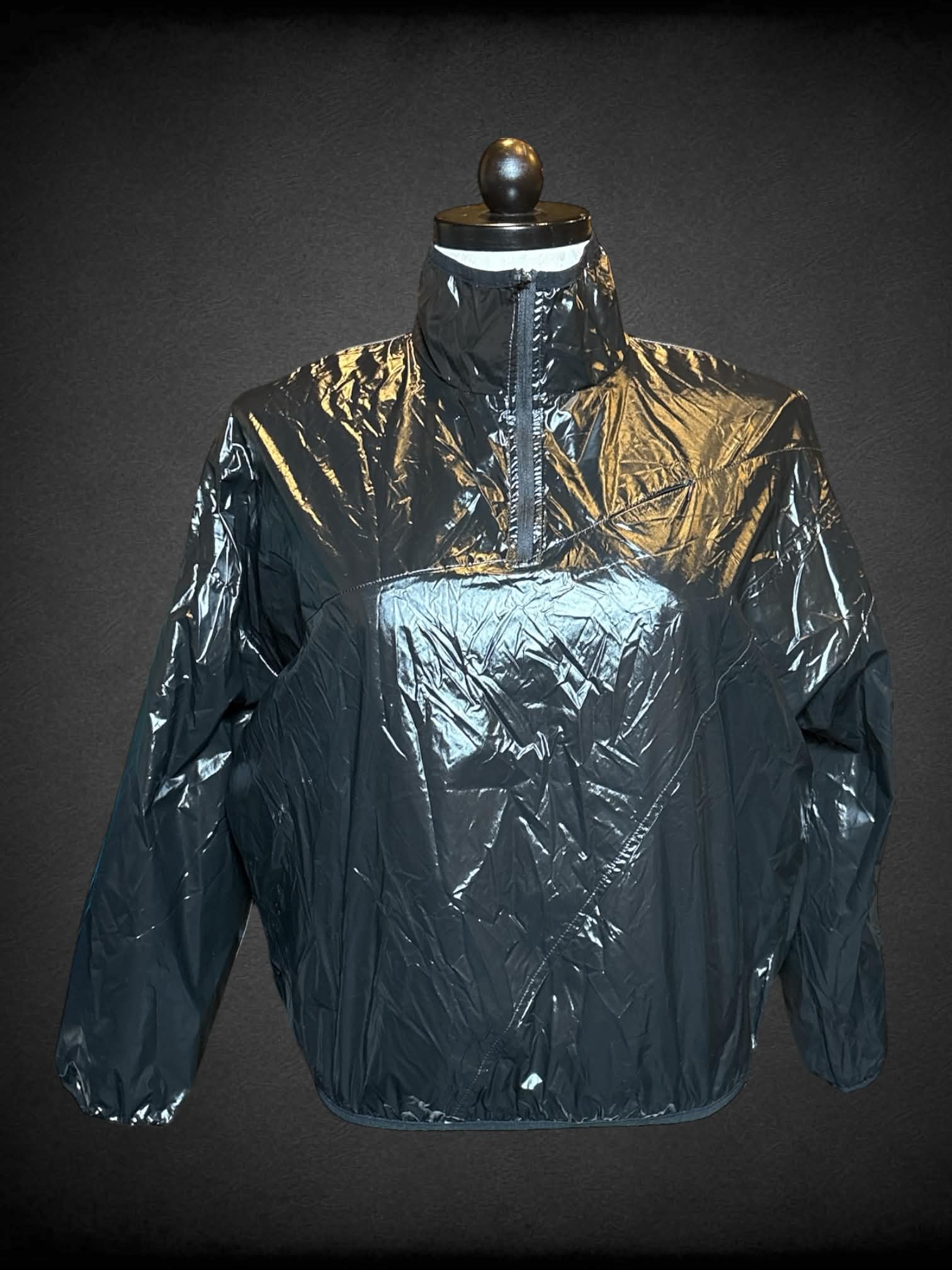 XL Joy Lab black long sleeve quarter zip jacket with shiny texture, pockets on sides, and zipper pocket on chest