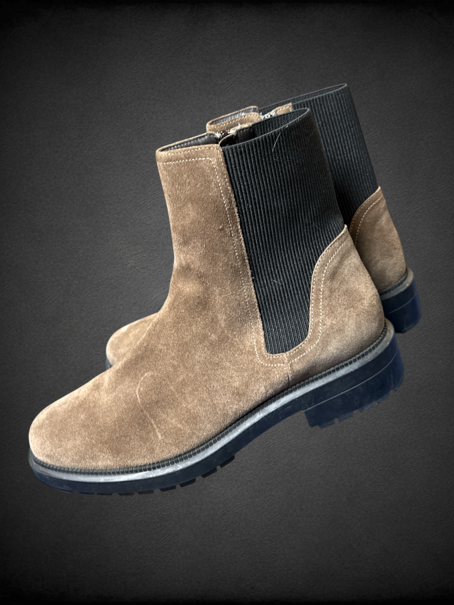 Size 10 Aquatalia Lauda Weatherproof Chelsea Boots with durable suede body, chunky lug sole, and elastic side panels