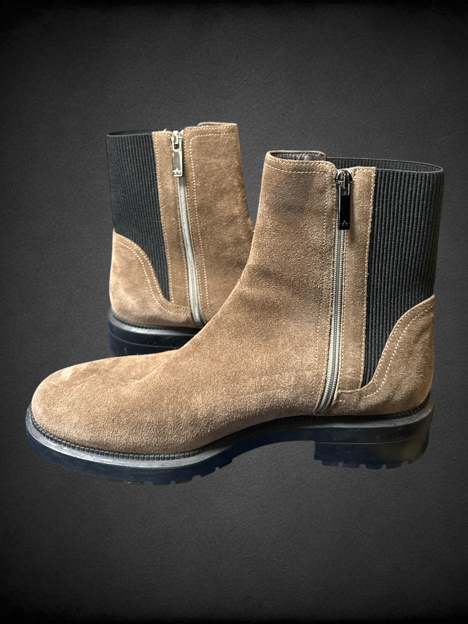 Size 10 Aquatalia Lauda Weatherproof Chelsea Boots with durable suede body, chunky lug sole, and elastic side panels
