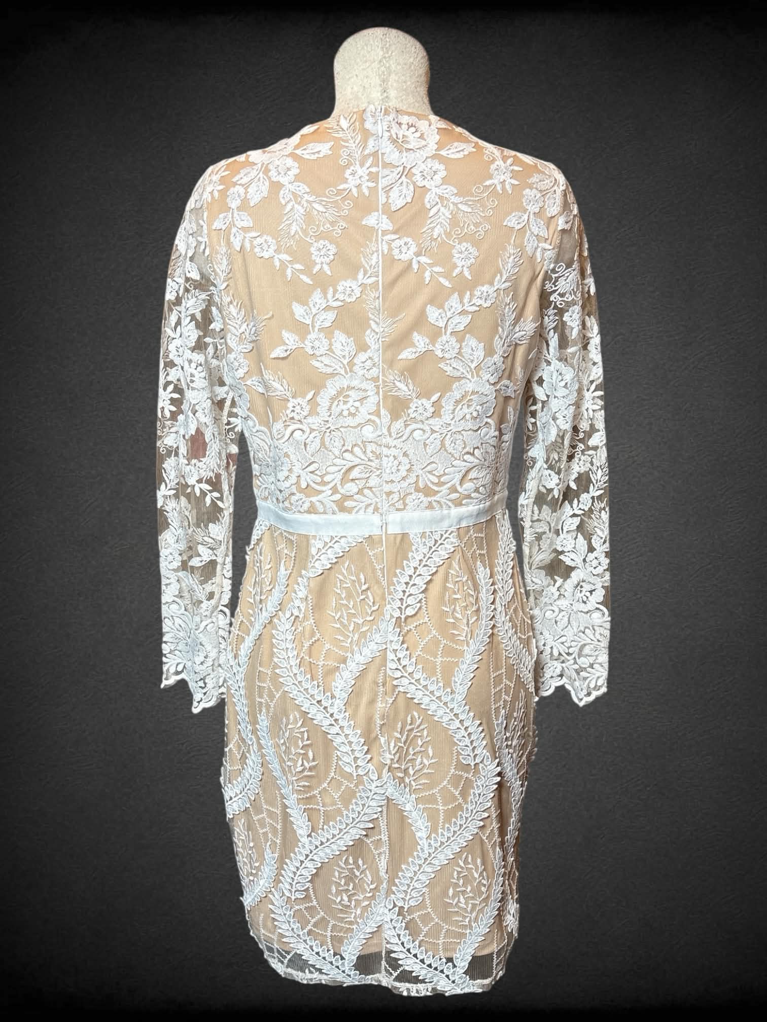 L MARINA tan long sleeve dress with white lacey sleeves and overlay, and zipper on back