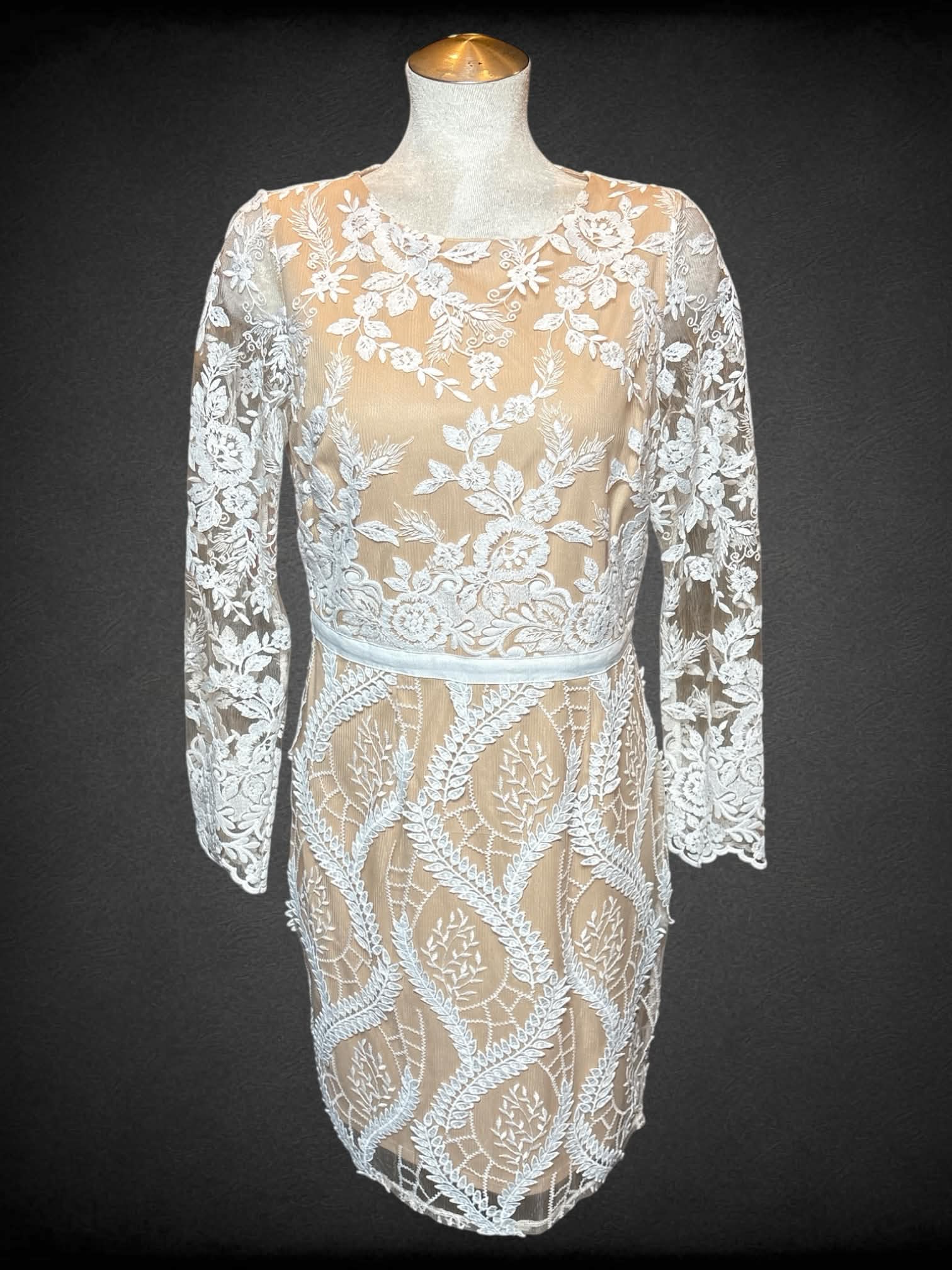 L MARINA tan long sleeve dress with white lacey sleeves and overlay, and zipper on back