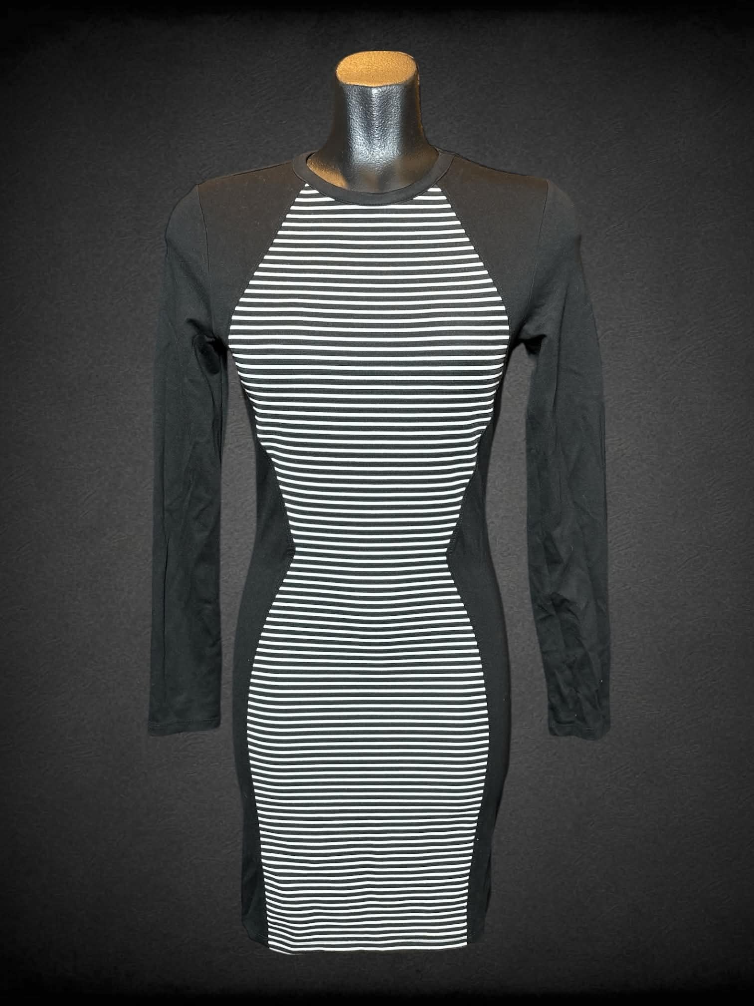 S Divided black and white long sleeve dress with striped panel on front and back