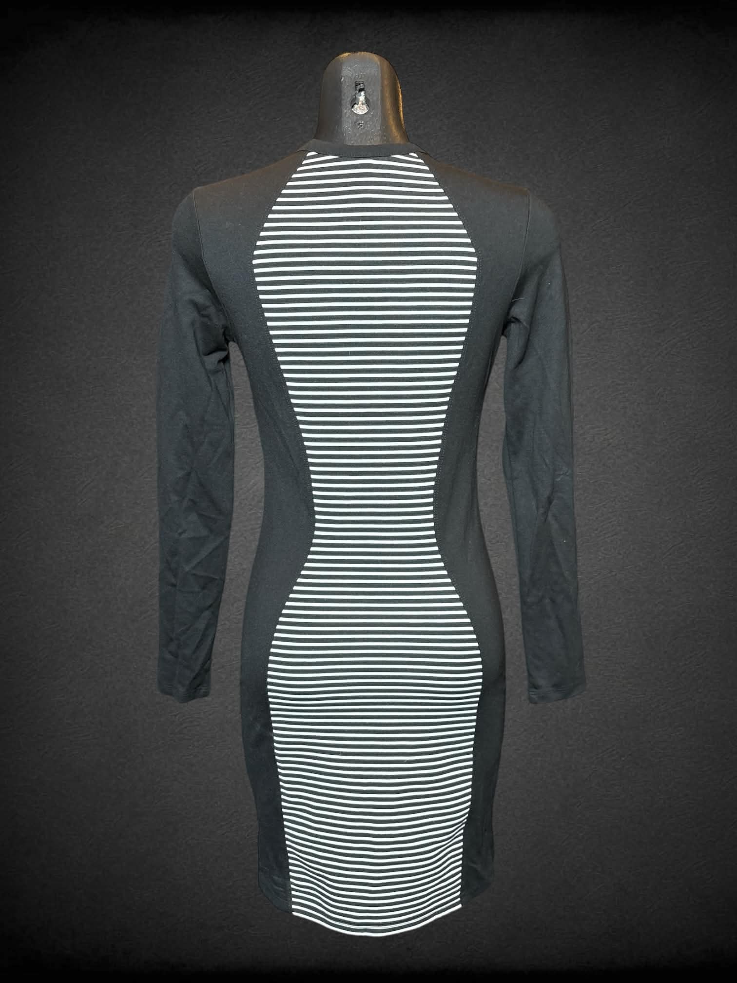 S Divided black and white long sleeve dress with striped panel on front and back