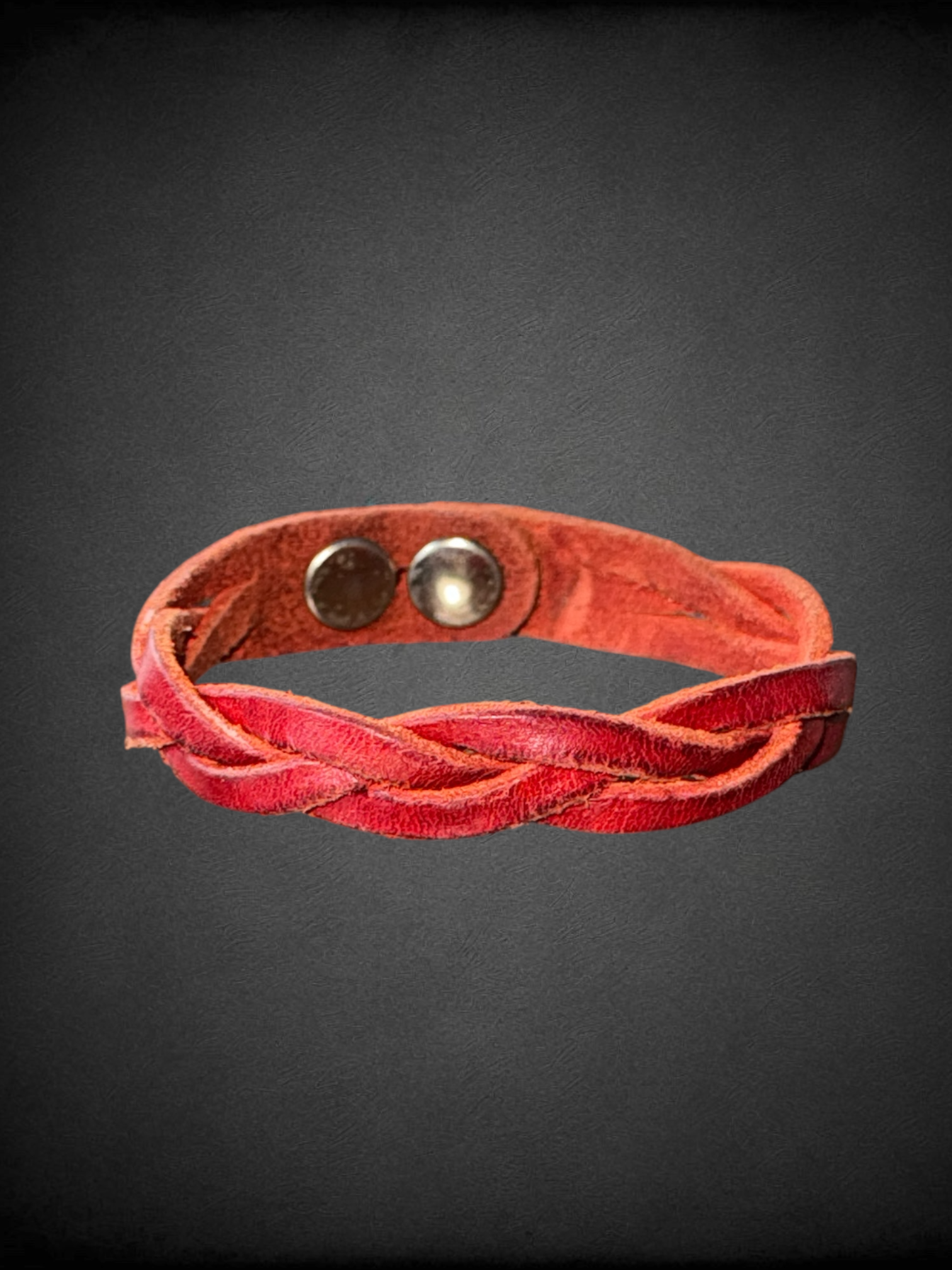 Red genuine leather braided bracelet with adjustable snap closure