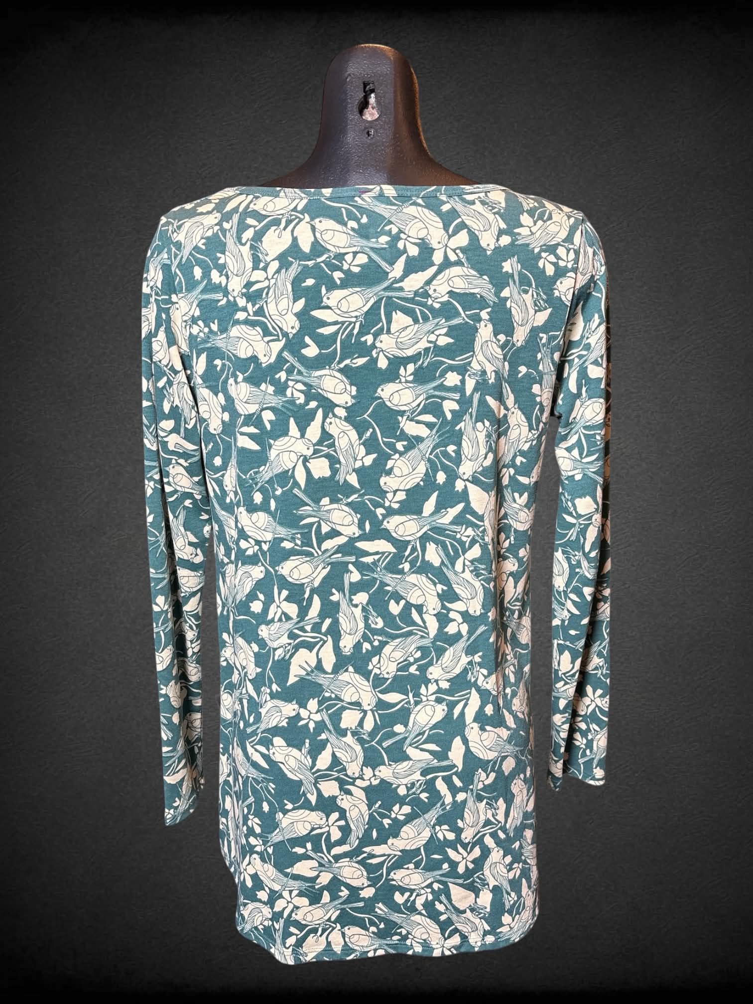 M Lularoe green long sleeve top with tan birds and botanicals design