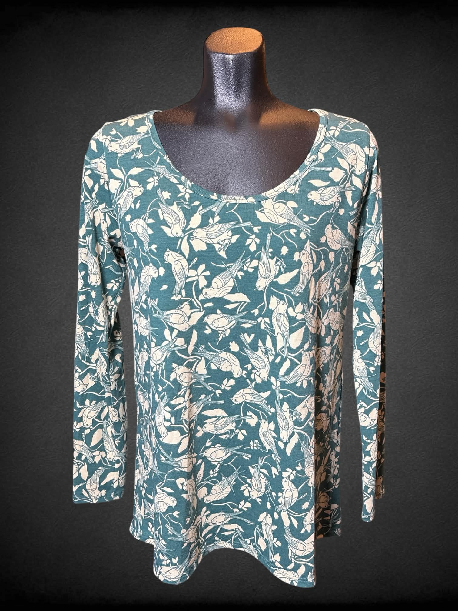 M Lularoe green long sleeve top with tan birds and botanicals design