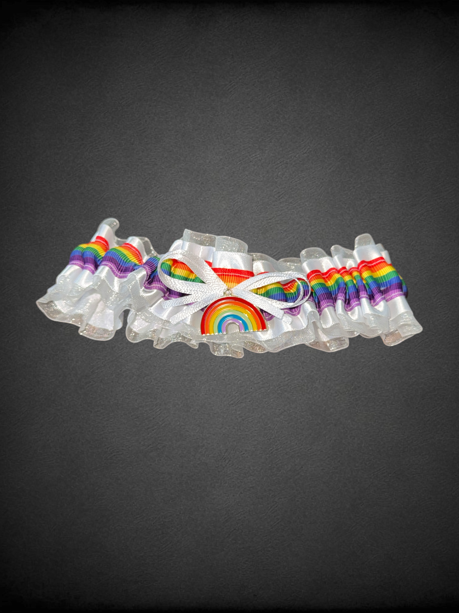 White and rainbow satin leg garter