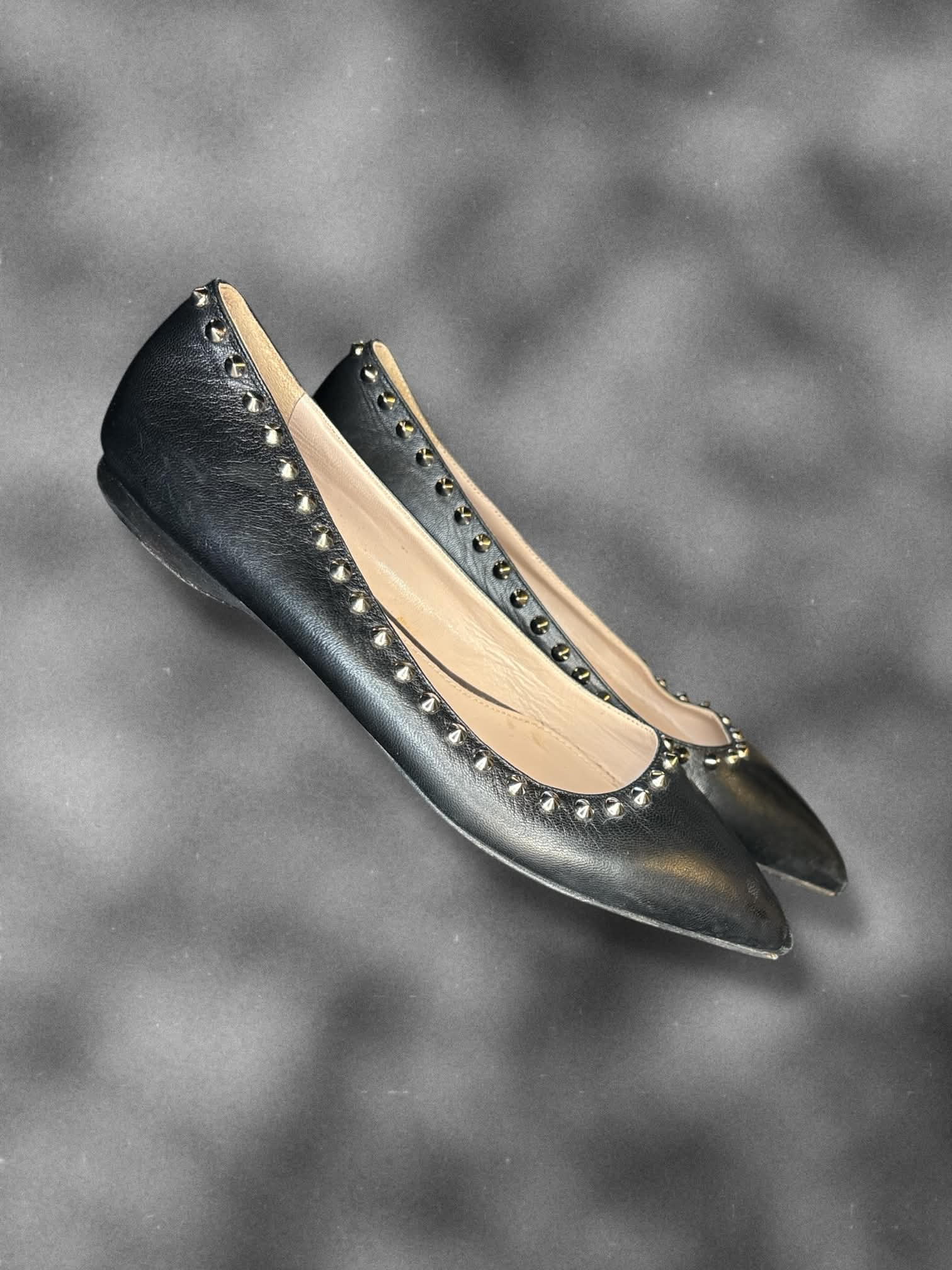 Size 6.5 Miu Miu black leather studded pointed flats