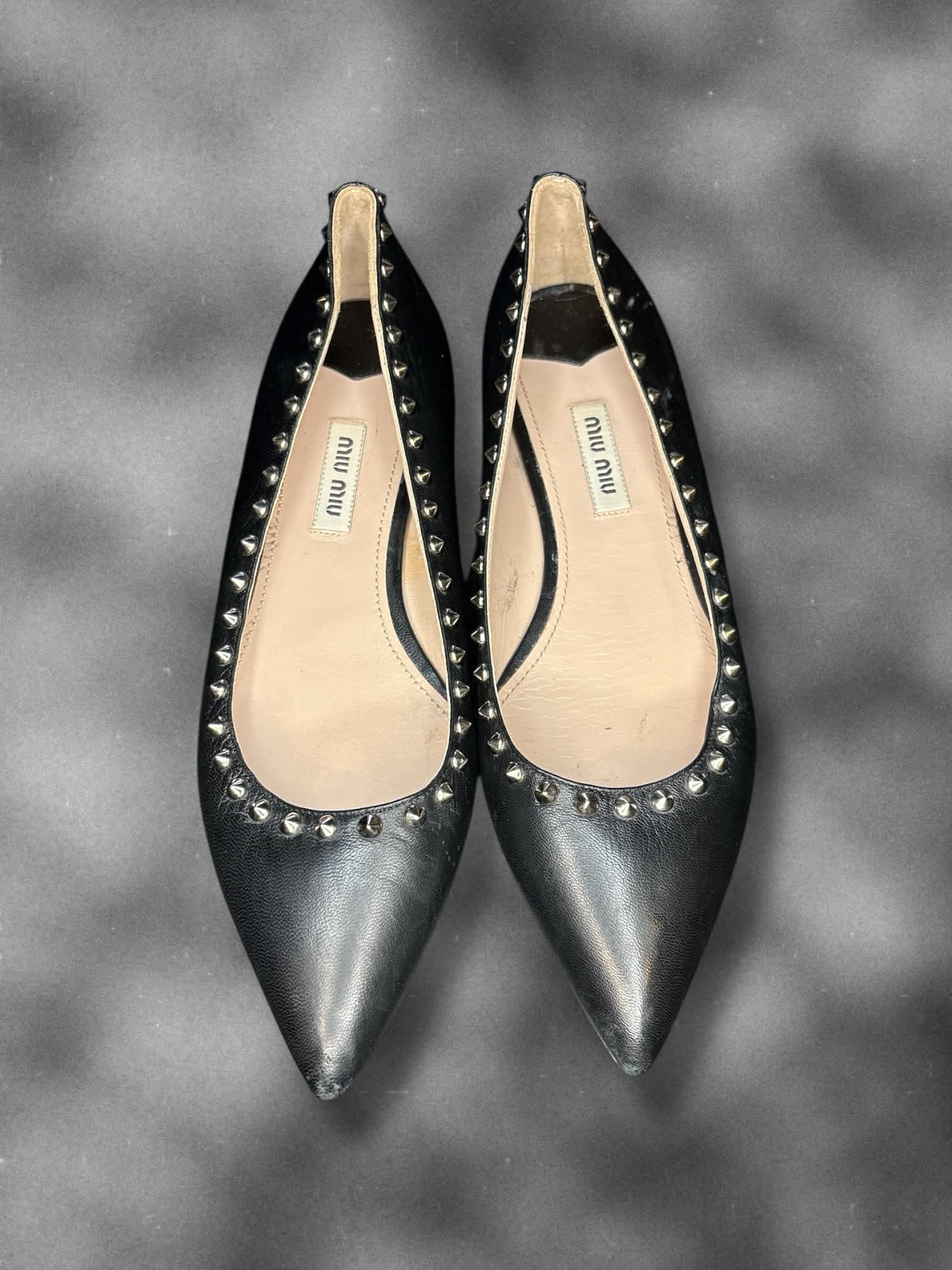 Size 6.5 Miu Miu black leather studded pointed flats