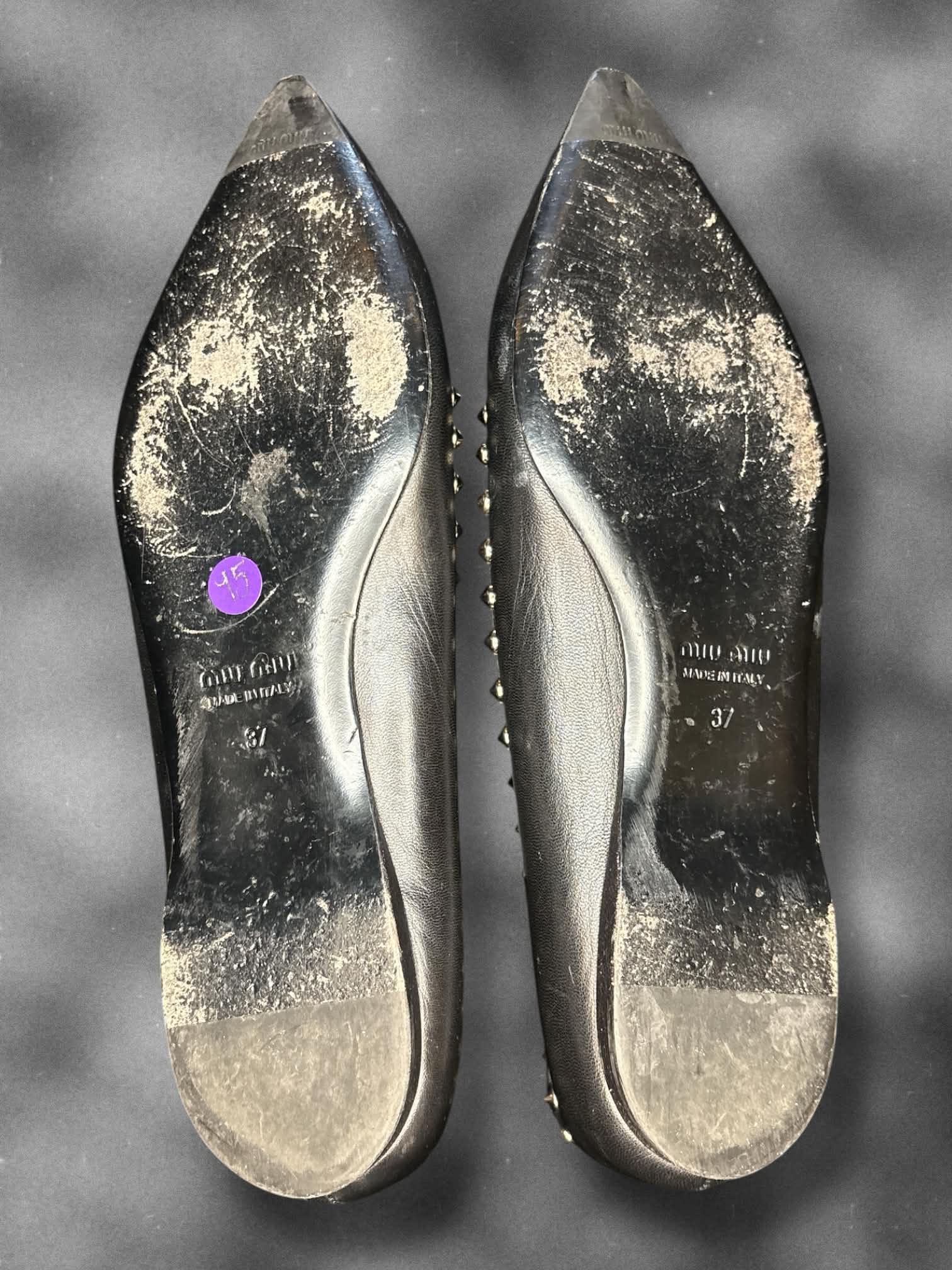 Size 6.5 Miu Miu black leather studded pointed flats