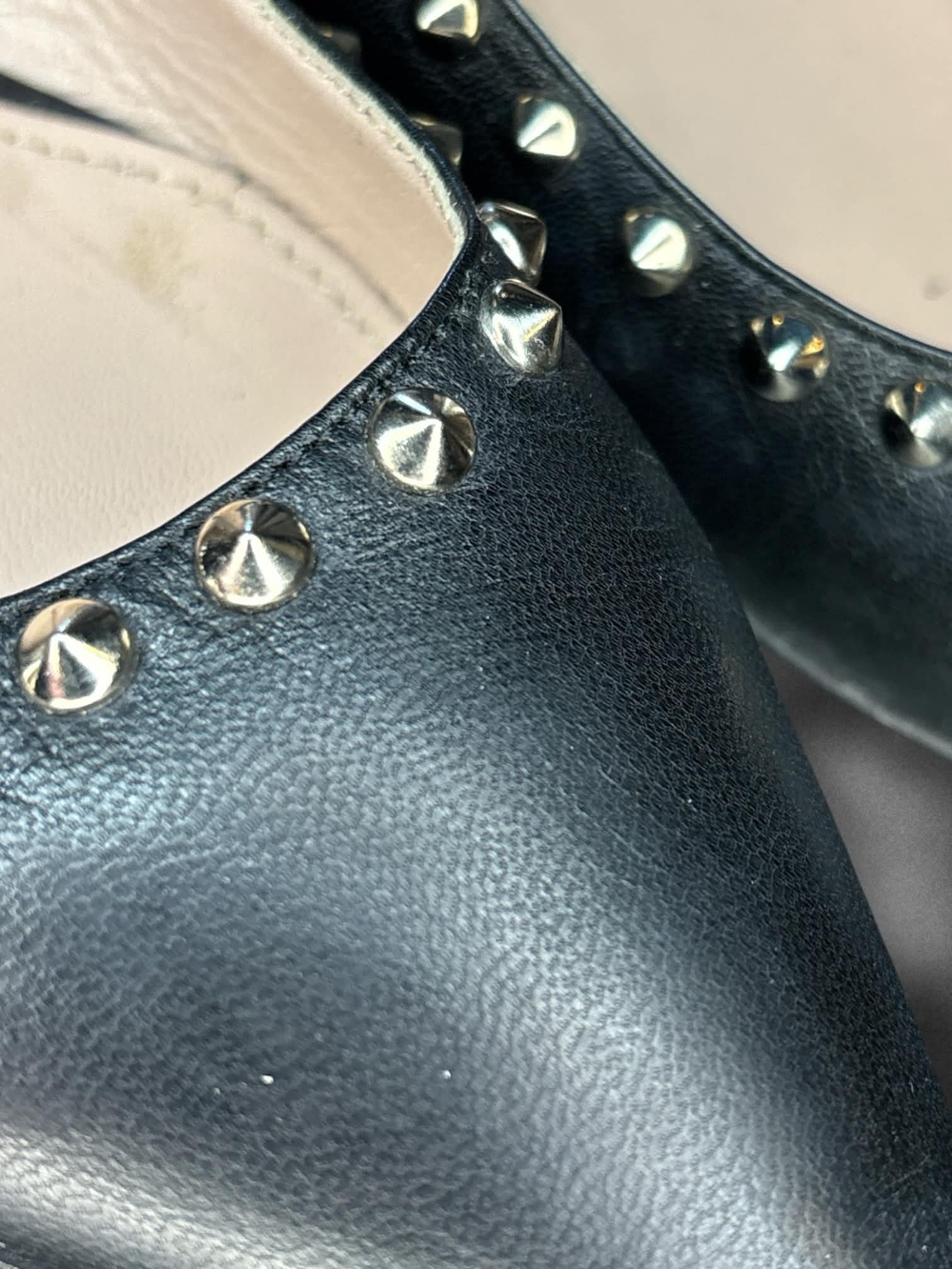 Size 6.5 Miu Miu black leather studded pointed flats