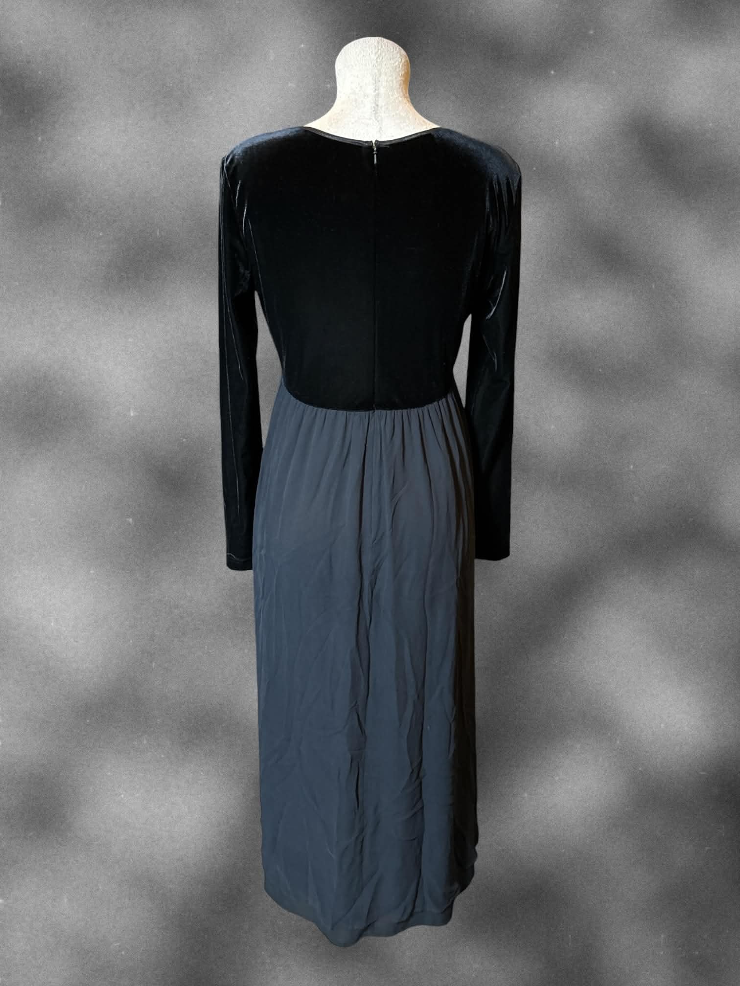 L Laura Ashley black long sleeve dress with velvet top, & zipper on back
