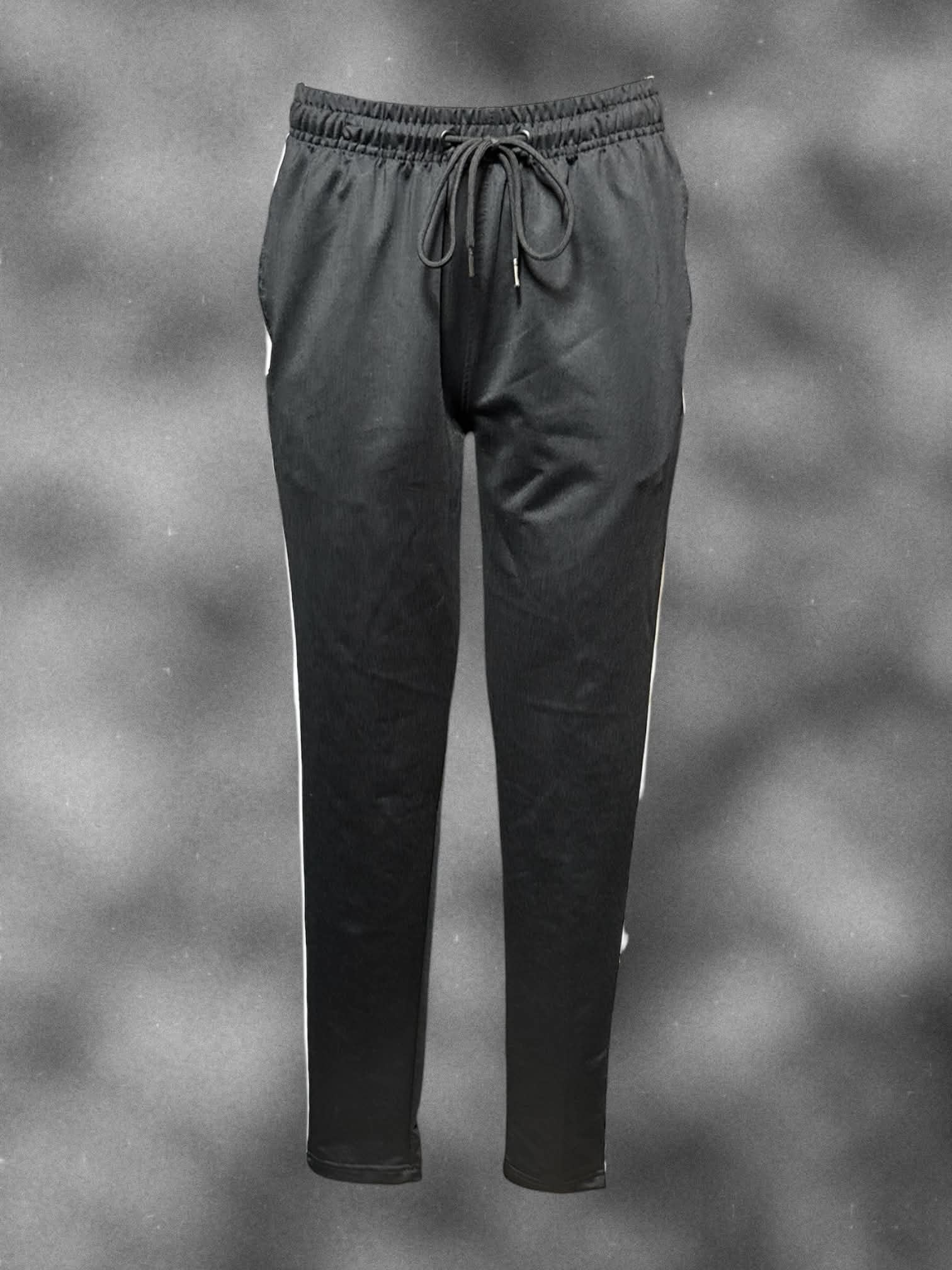 L Black pants with white stripes on sides, drawstring, and zipper pockets