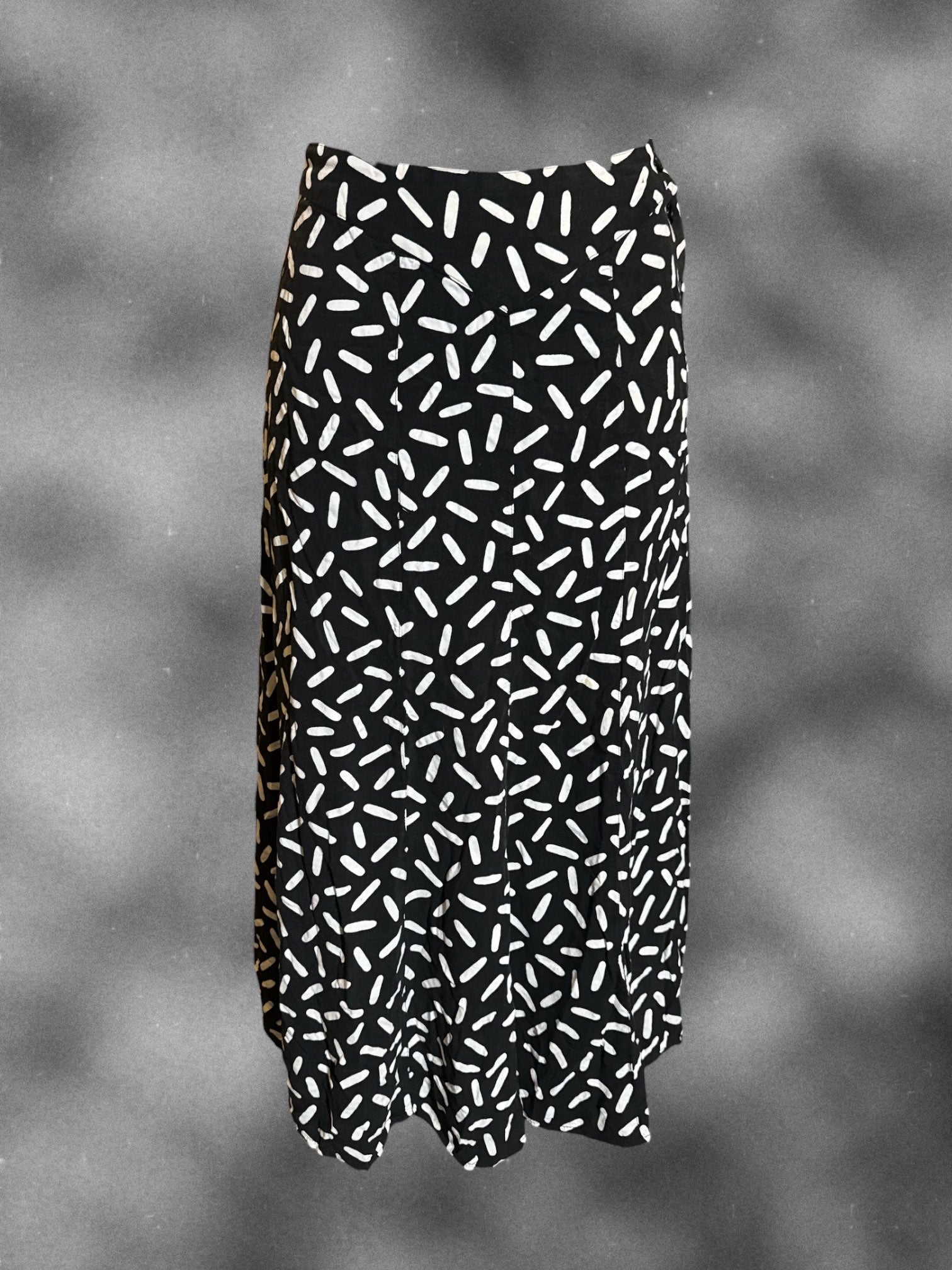 XS SK & Company vintage black midi skirt with white designs and side button closure