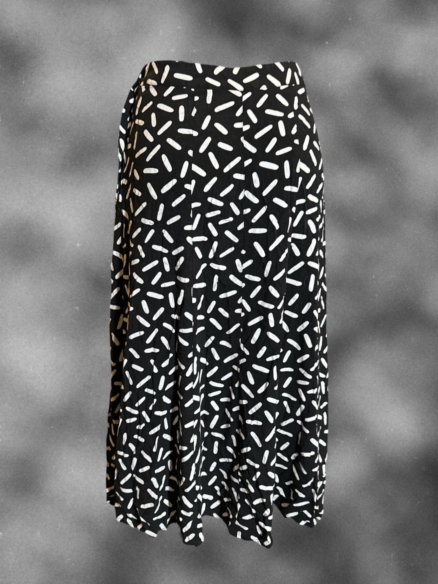 XS SK & Company vintage black midi skirt with white designs and side button closure