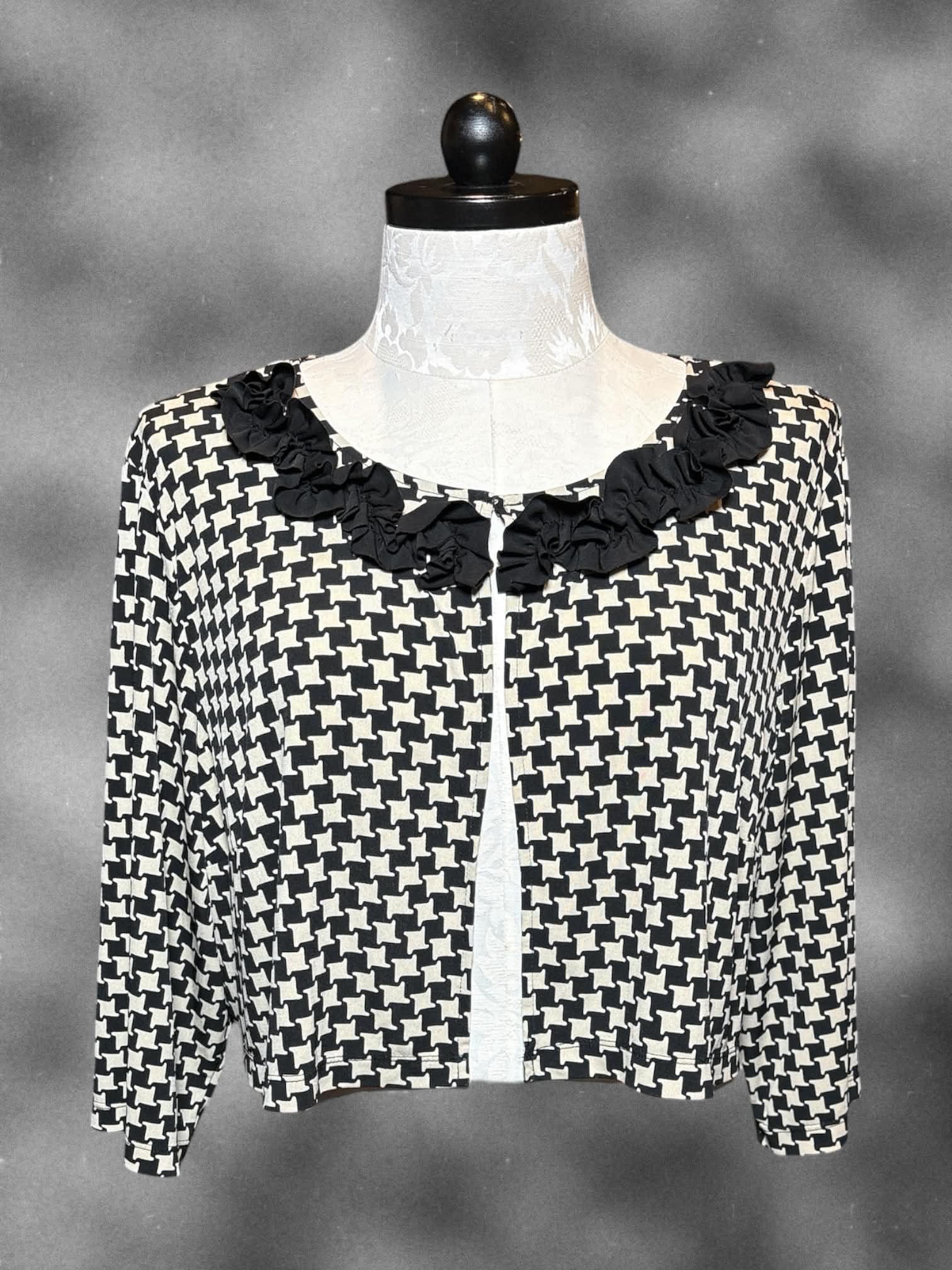 4X Danny and Nicole black and white two piece dress and cardigan set with houndstooth pattern, and ruffly neckline