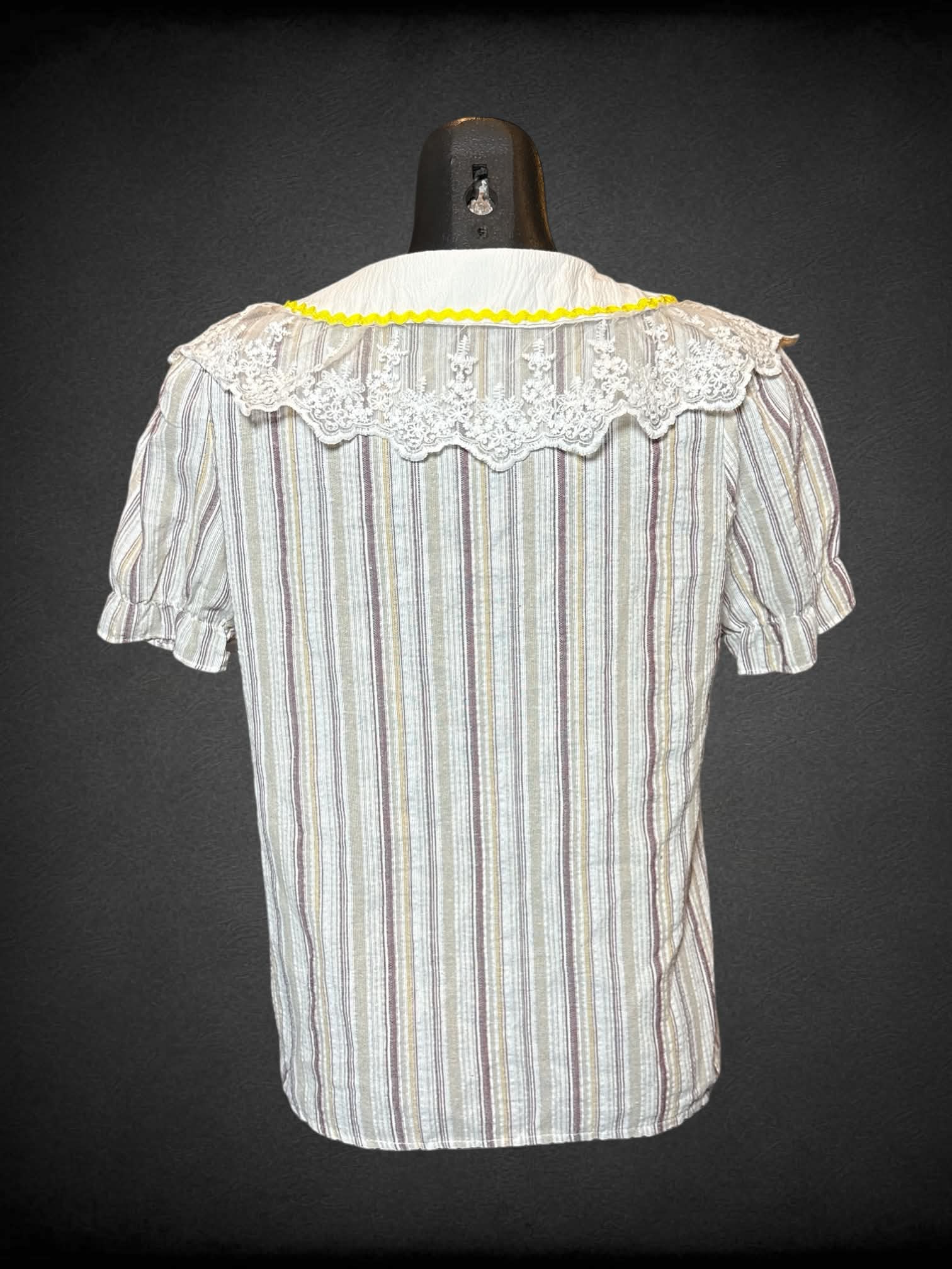 S I ❤️ Lucky white, tan, and brown striped short sleeve button up with lacey collar, and bunny embroidery on collar
