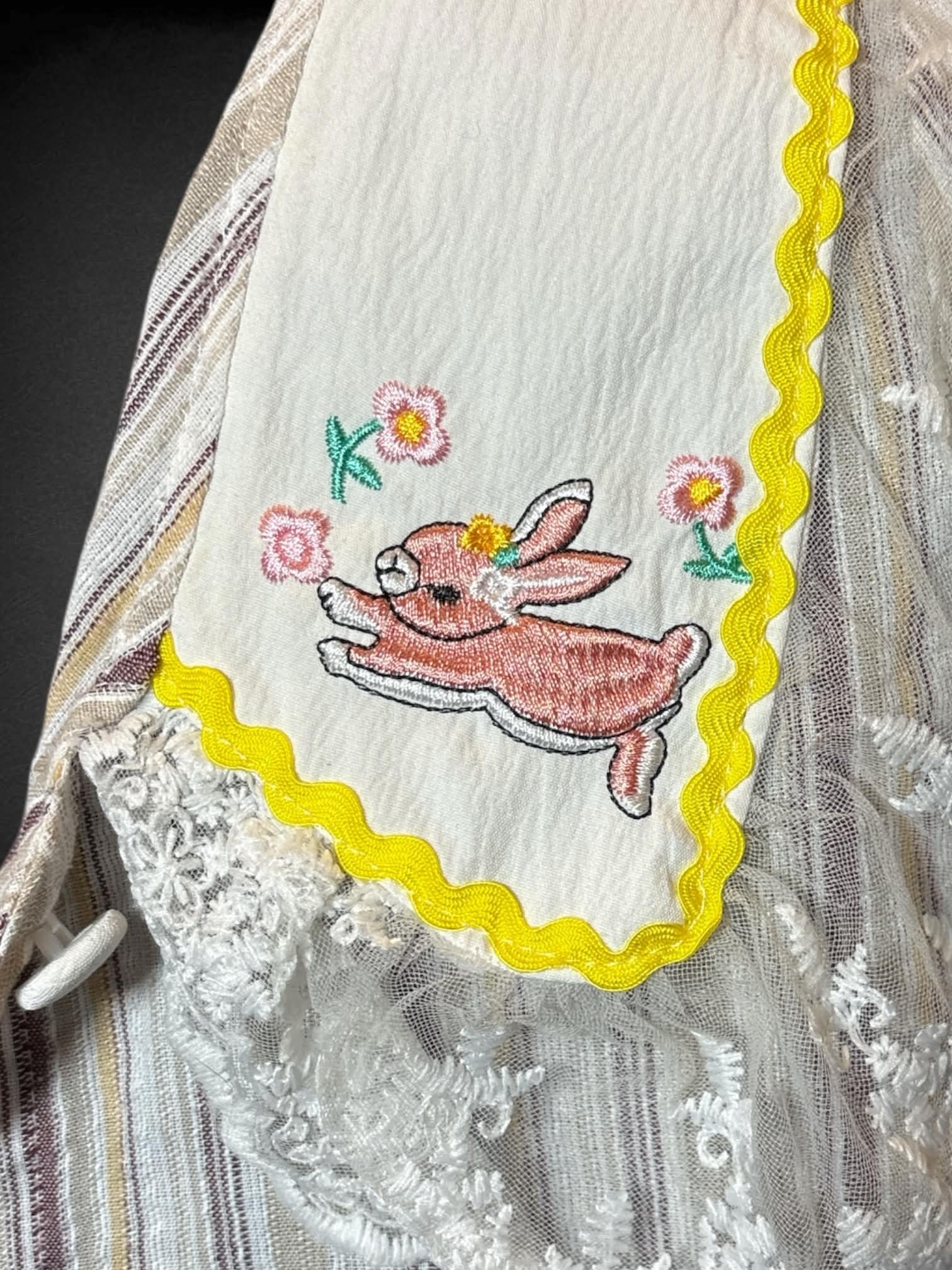 S I ❤️ Lucky white, tan, and brown striped short sleeve button up with lacey collar, and bunny embroidery on collar