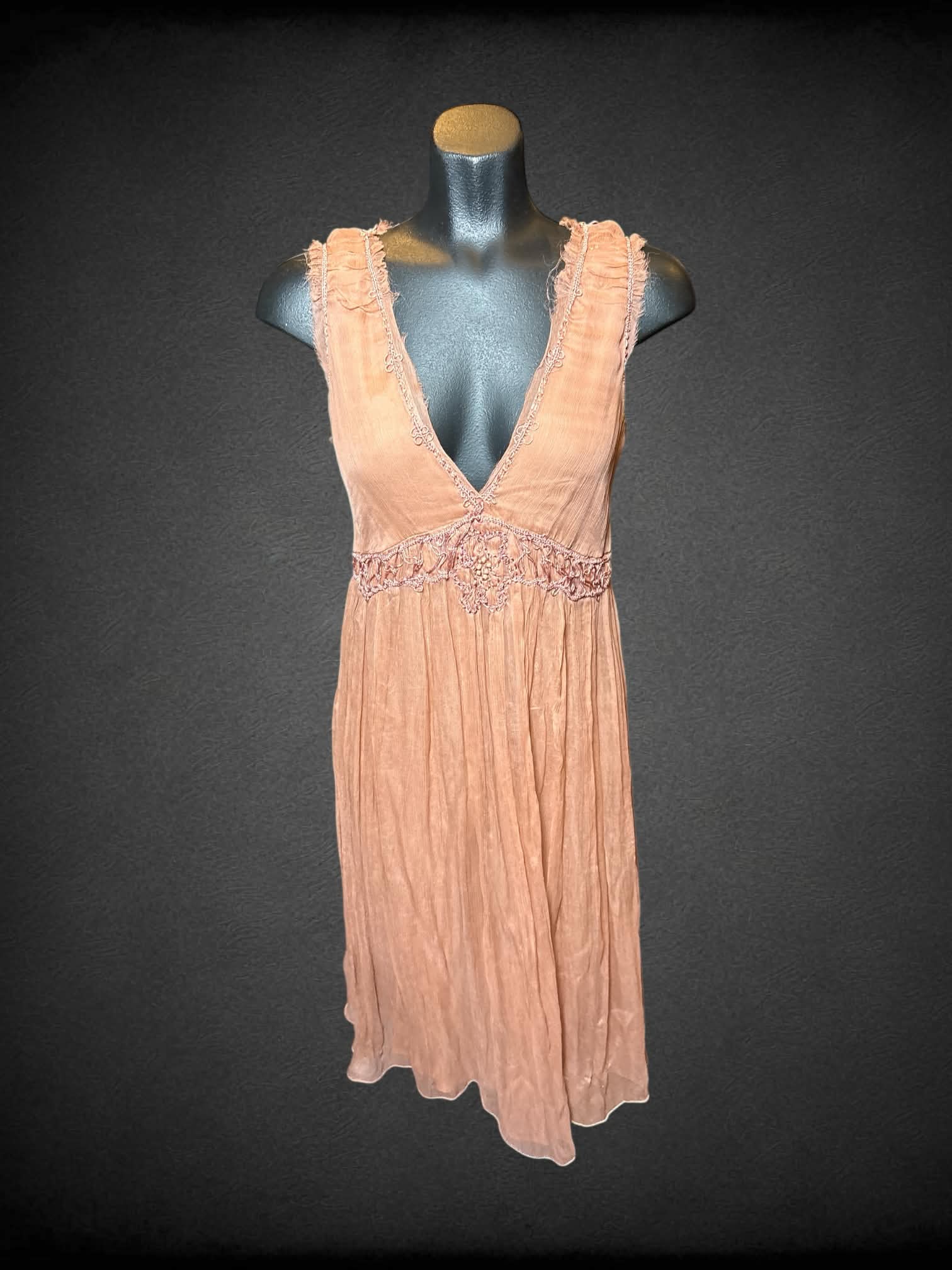 M Max Studio Special Edition pink sleeveless dress with distressed details, and embroidery
