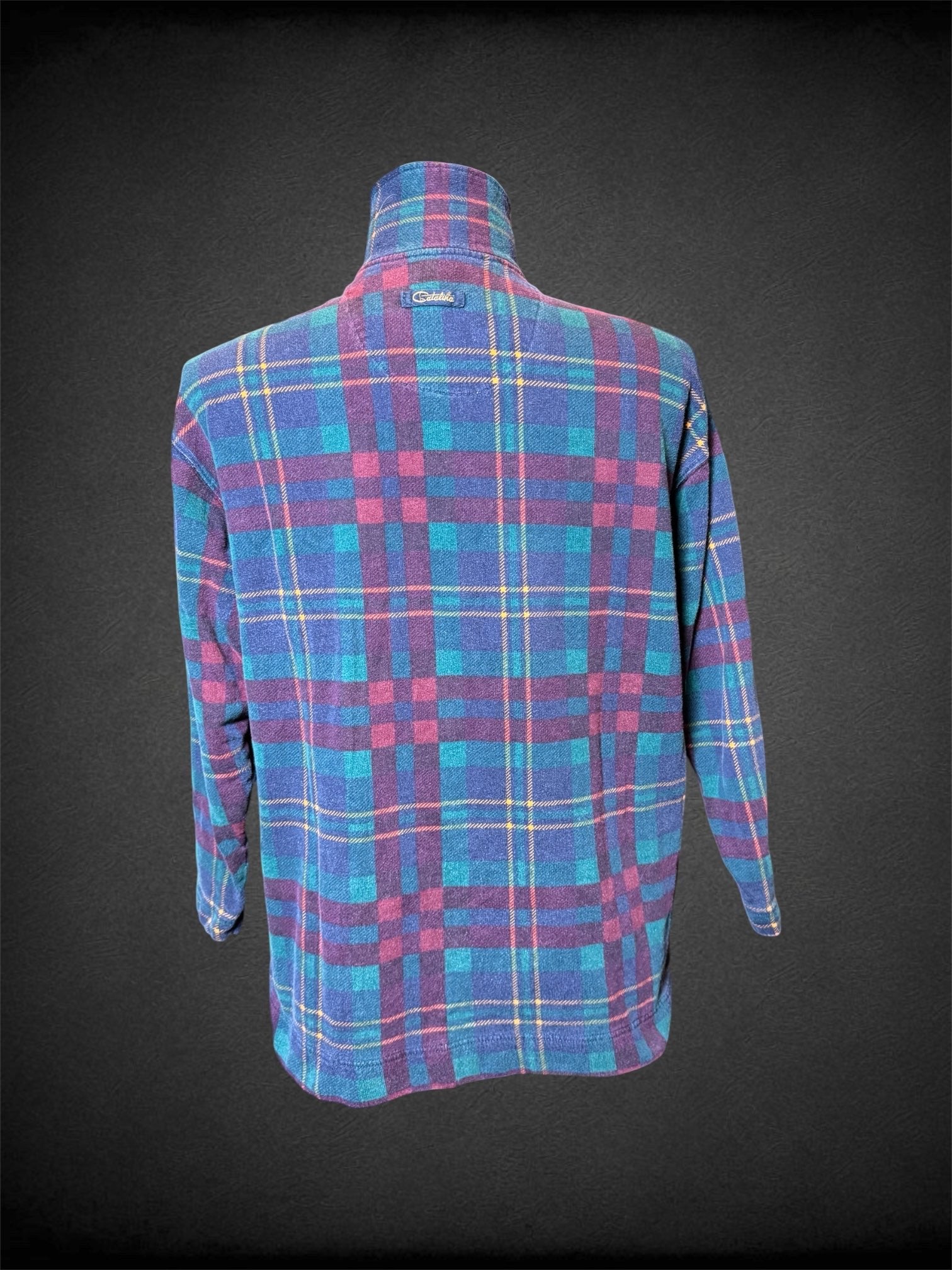 XL Catalina vintage navy blue, green, and red plaid quarter zip jacket