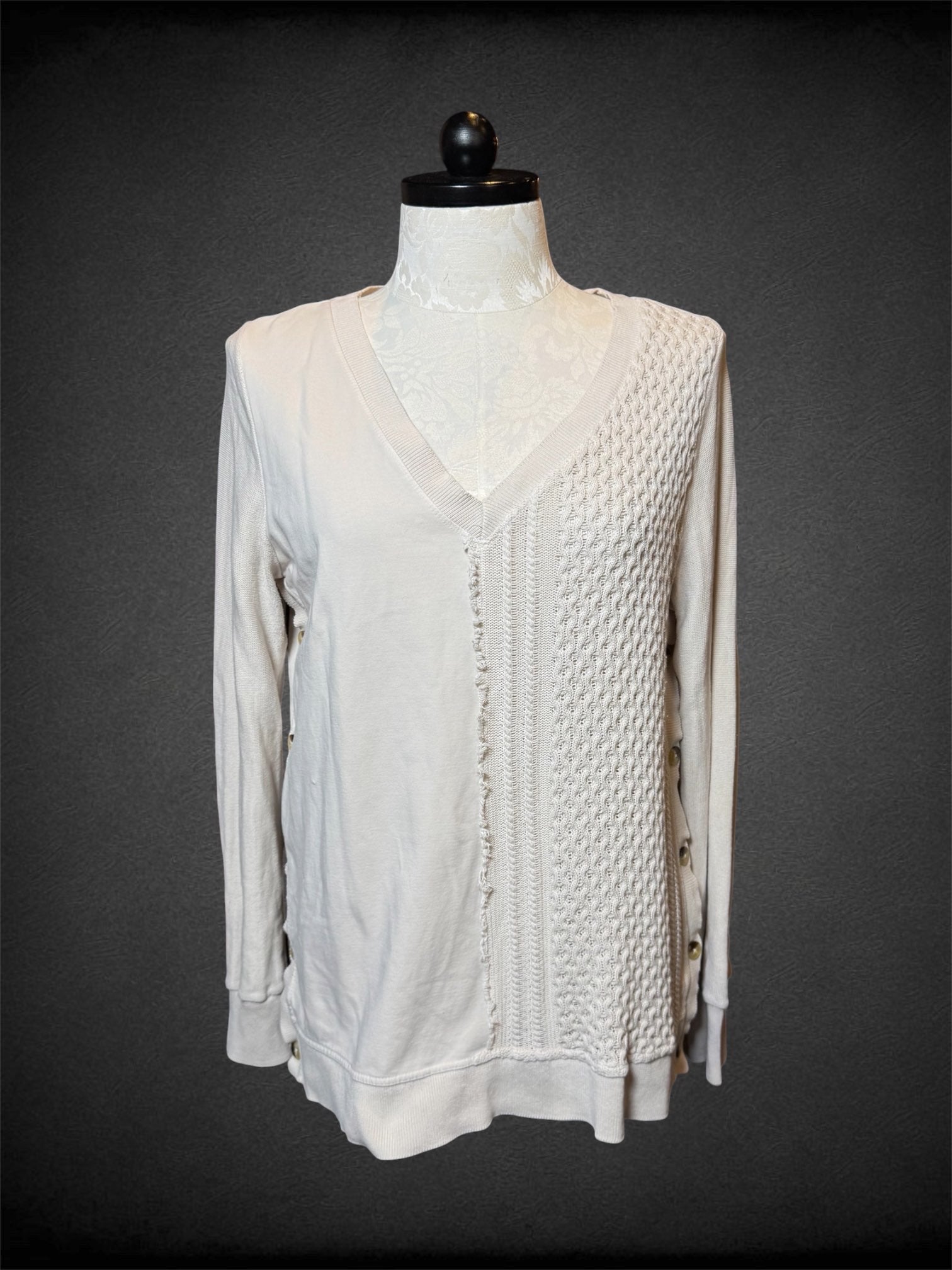 XL MTWTHFSS by Anthropologie cream knit sweater with buttons on both sides, and cable knit panel