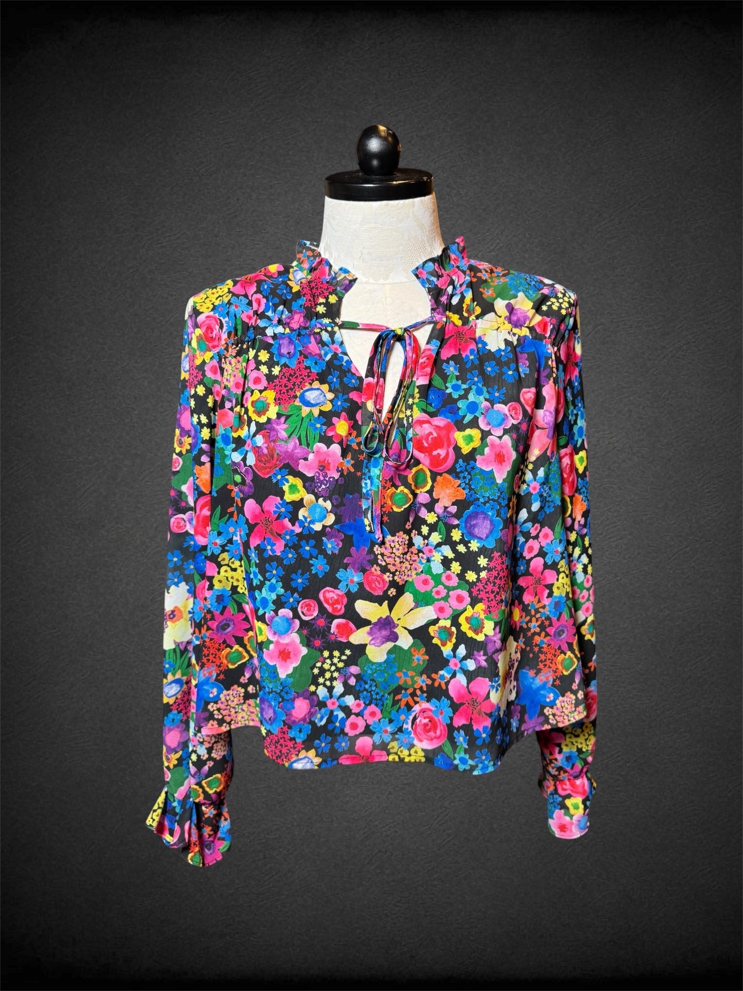0X Nasty Gal black long sleeve top with multicolor florals, tie on front, and balloon sleeves
